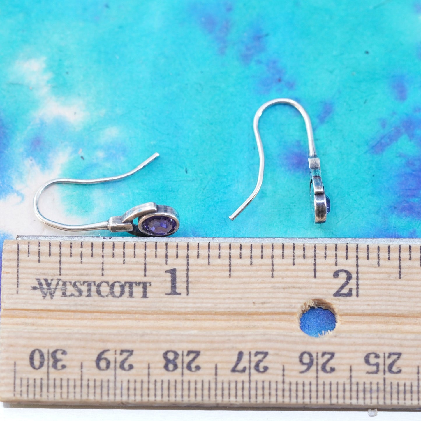 Vintage Sterling silver handmade earrings, 925 dangles with round amethyst