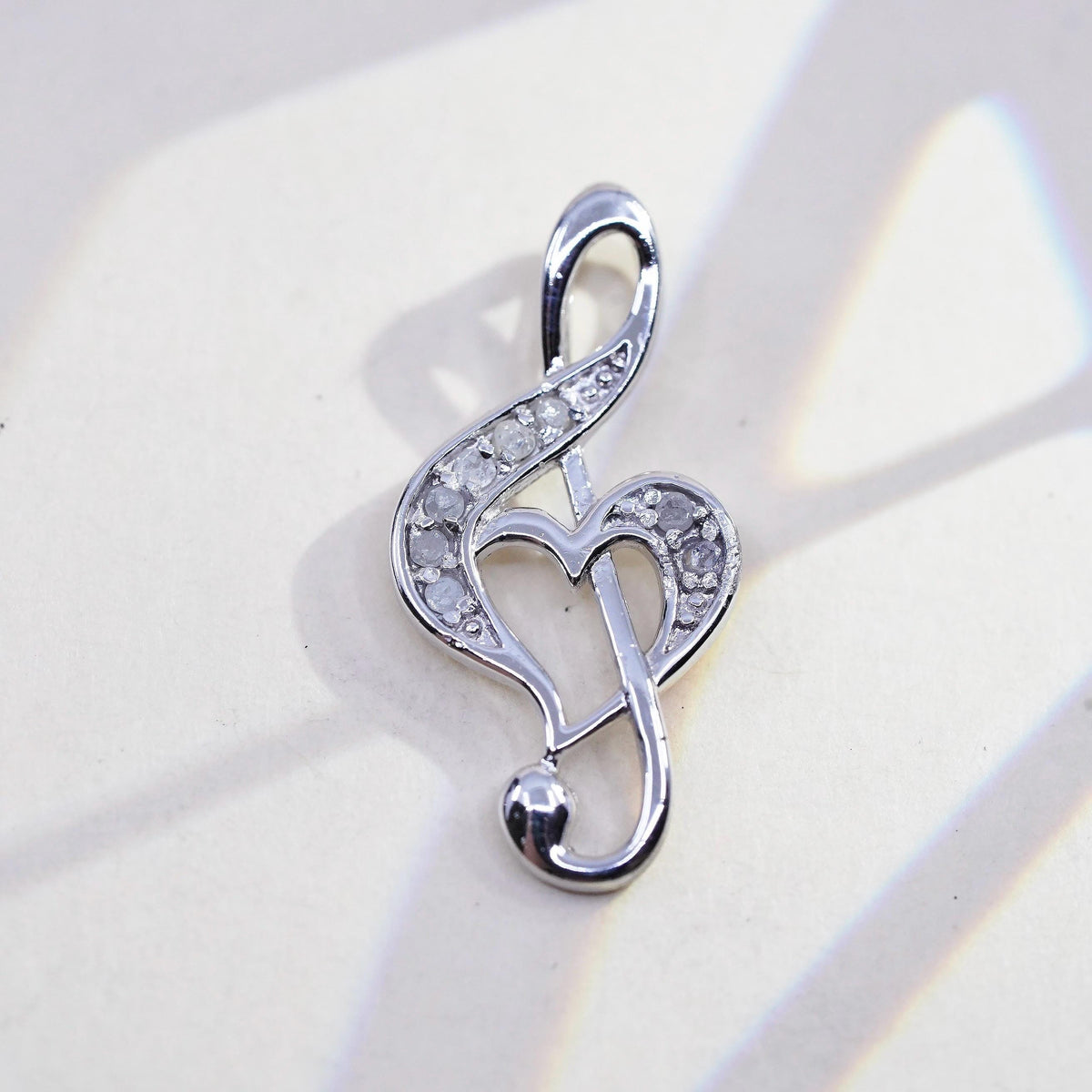 Vintage Sterling silver handmade pendant, 925 Music Note with cluster diamonds