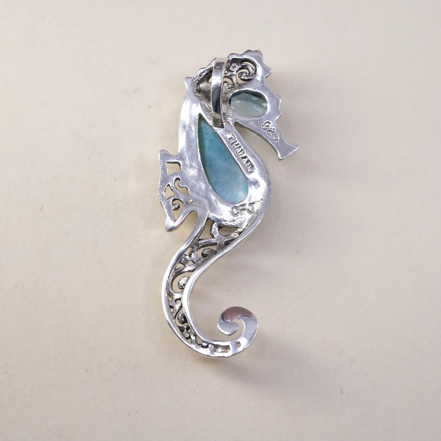 Vintage sterling 925 silver handmade filigree seahorse pendant larimar topaz