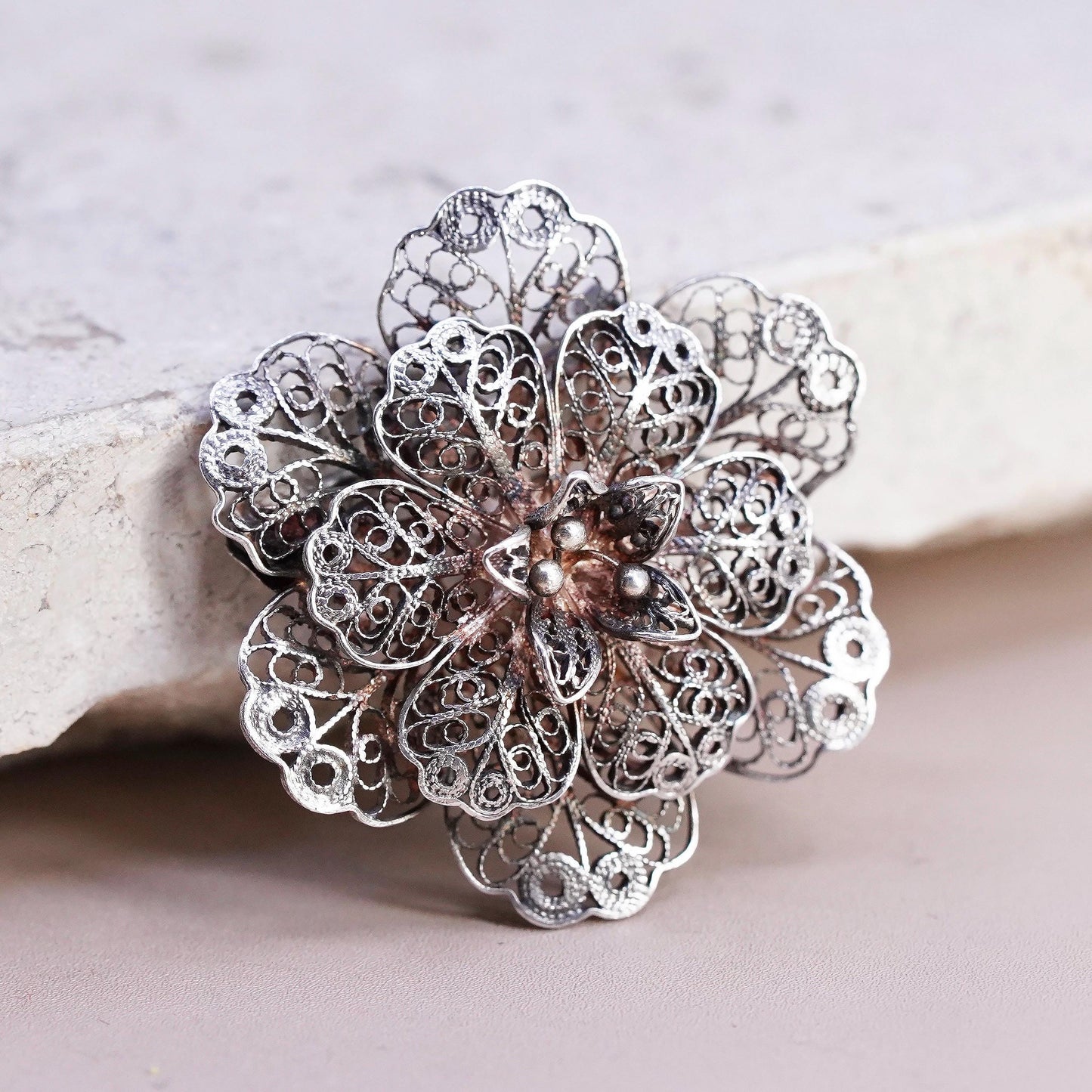 Vintage sterling silver handmade brooch, 925 filigree flower snowflake pin