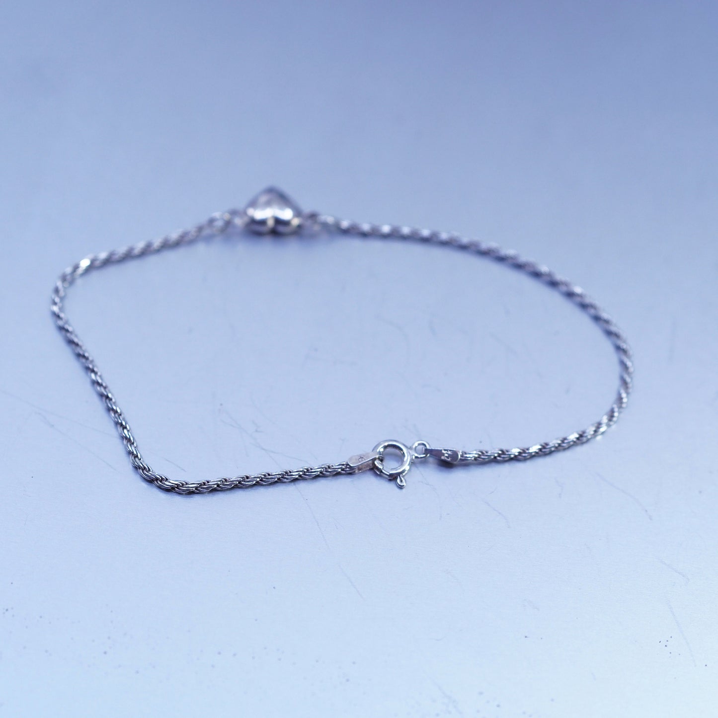 8.75”, Italy Sterling 925 silver bracelet anklet, rope chain heart charm
