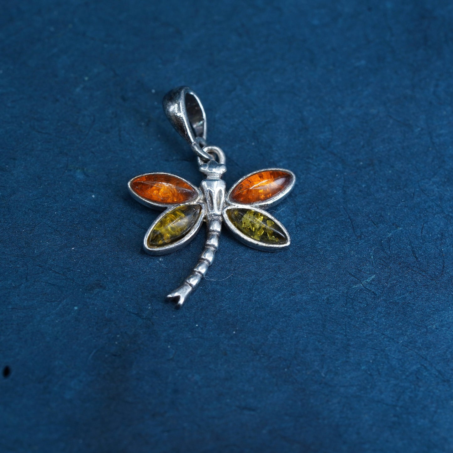 Vintage Sterling silver handmade pendant, 925 dragonfly with amber