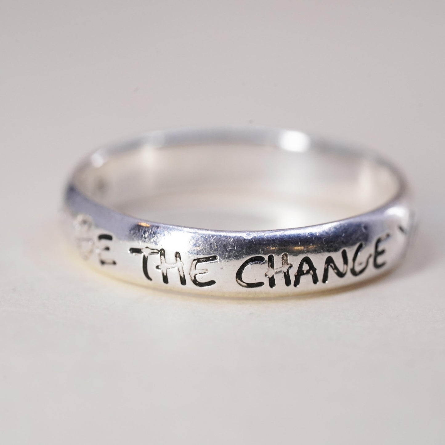 Size 8, sterling silver ring, 925 quote band, "you wish to see world be change"