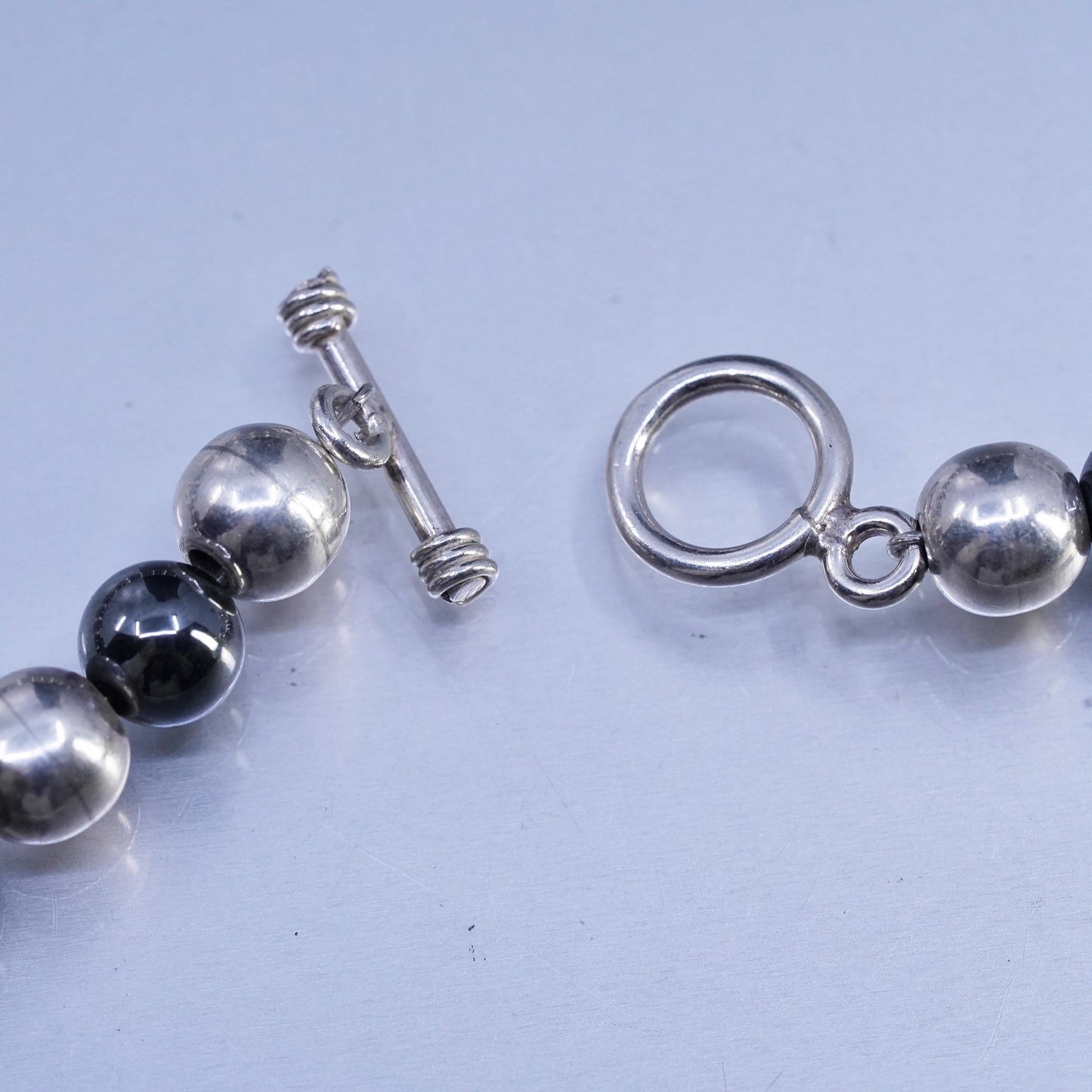 16" 8mm, Vintage Sterling 925 silver handmade necklace with hematite beads