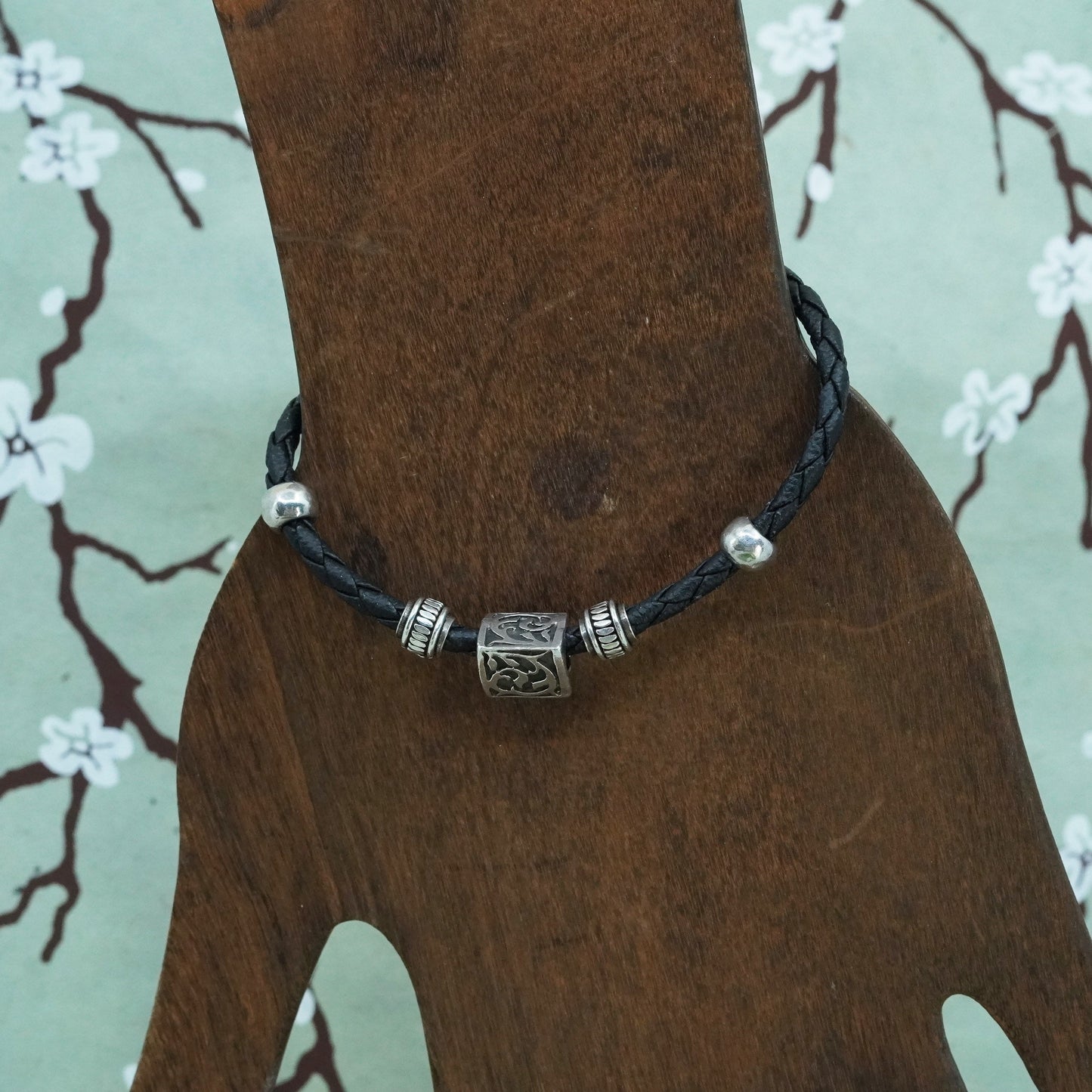 6.25”, woven black leather chain, 925 Mexico silver triangular charm bracelet