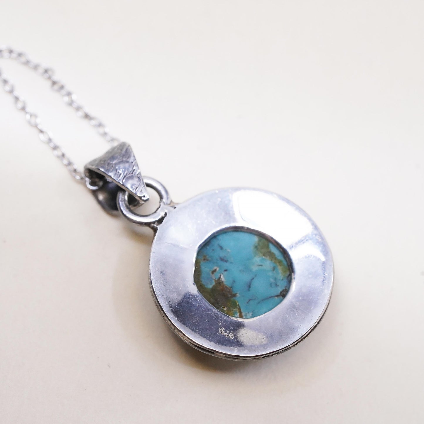18", Southwestern Sterling silver necklace, 925 circle turquoise round pendant