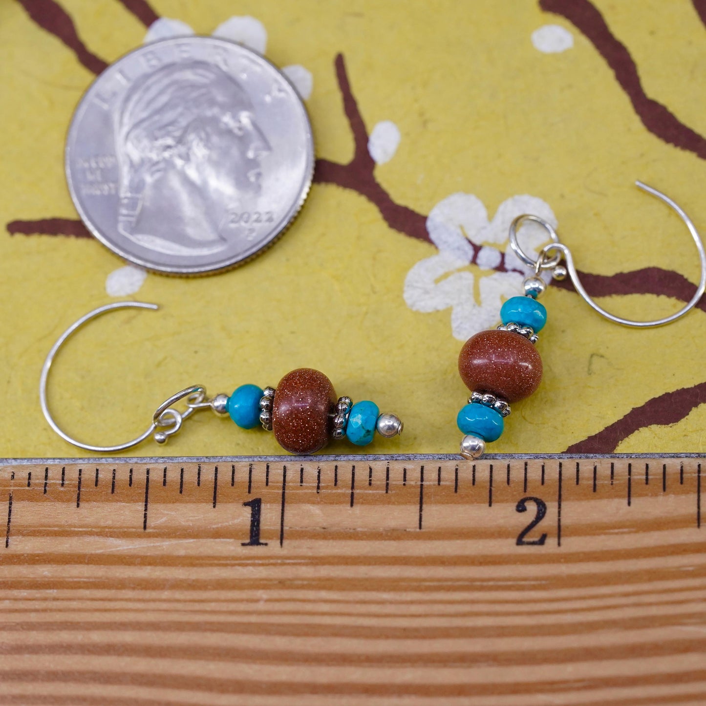 Vintage Sterling 925 silver handmade earrings with turquoise goldstone beads