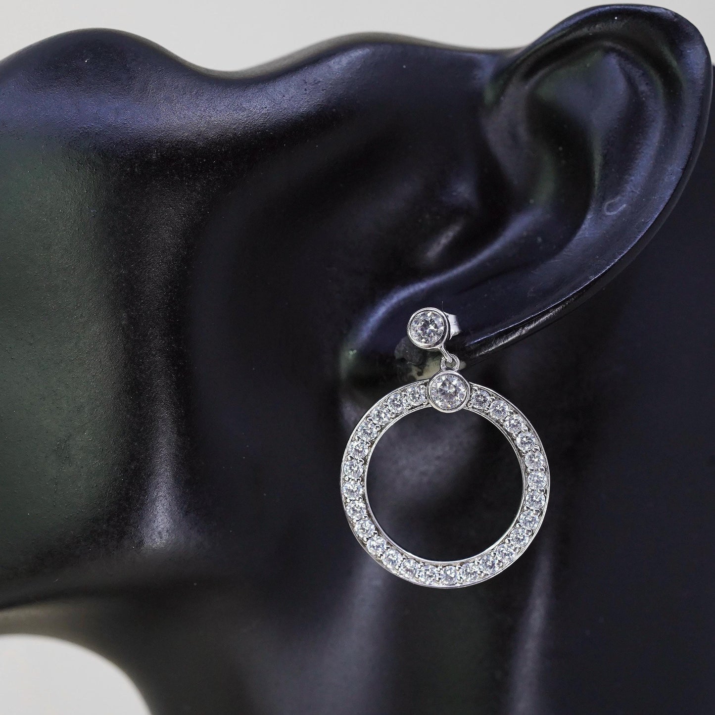 Vintage Sterling 925 silver handmade earrings, circle cluster Cz dangles