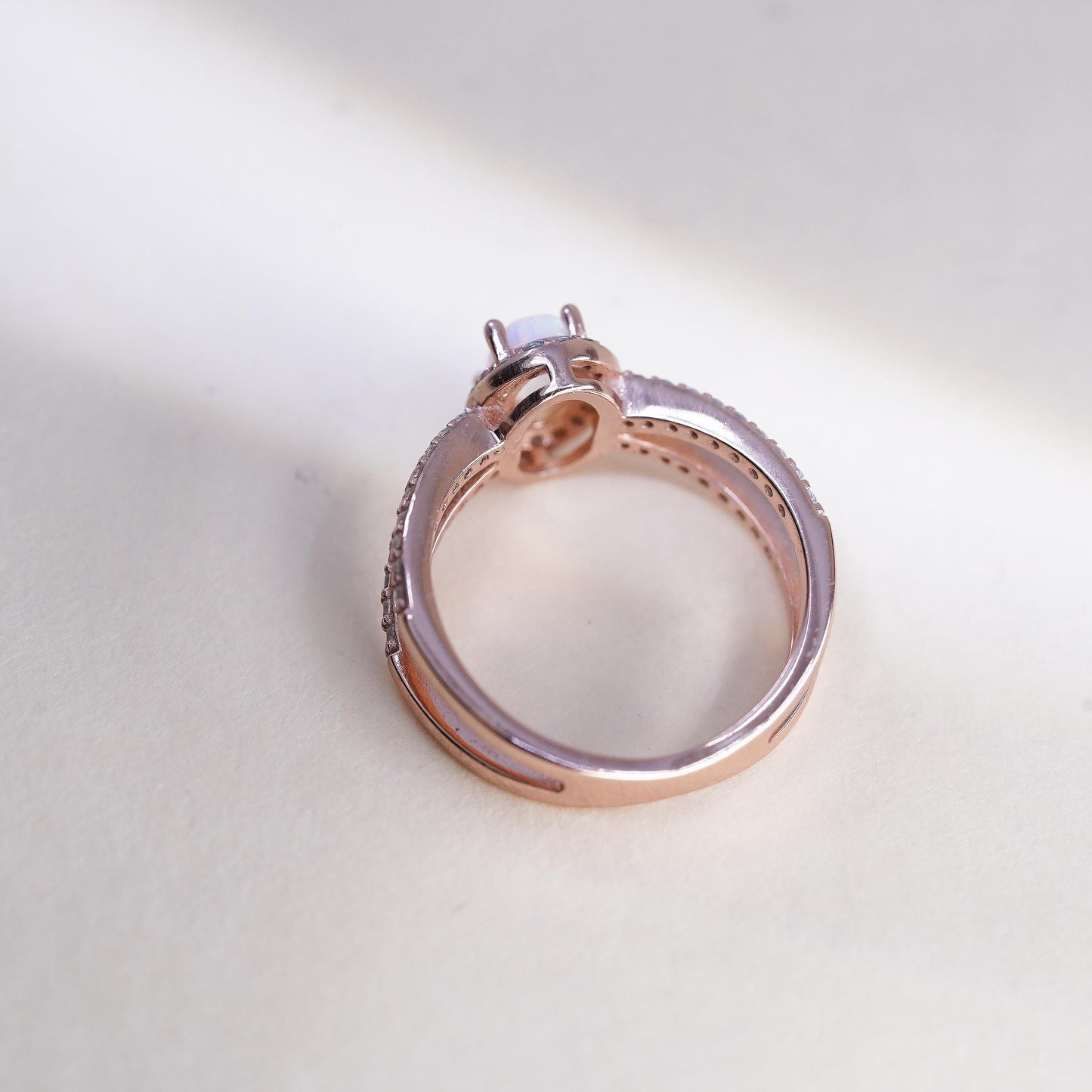 Size 4, vintage rose gold plated Sterling 925 silver ring with round opal cz