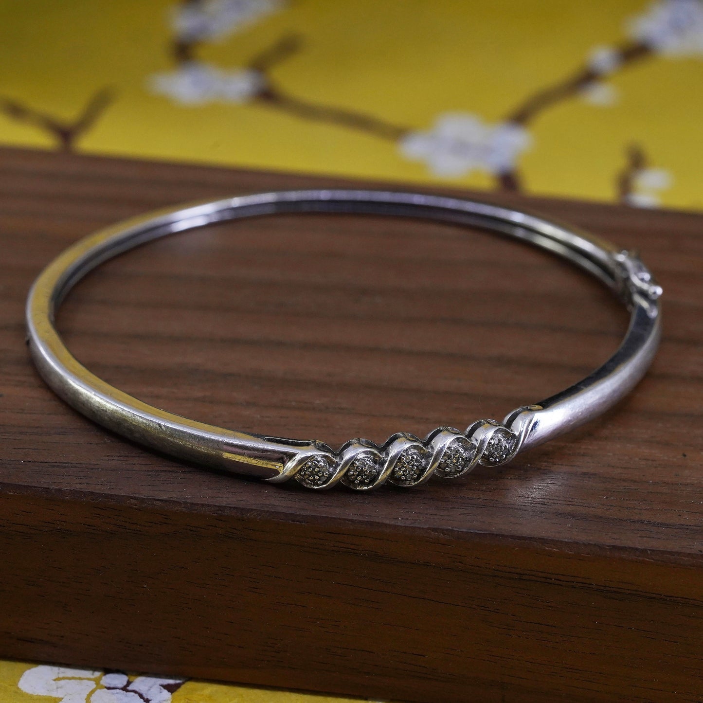 7”, Vintage Sterling silver bracelet, 925 hinged bangle with diamonds