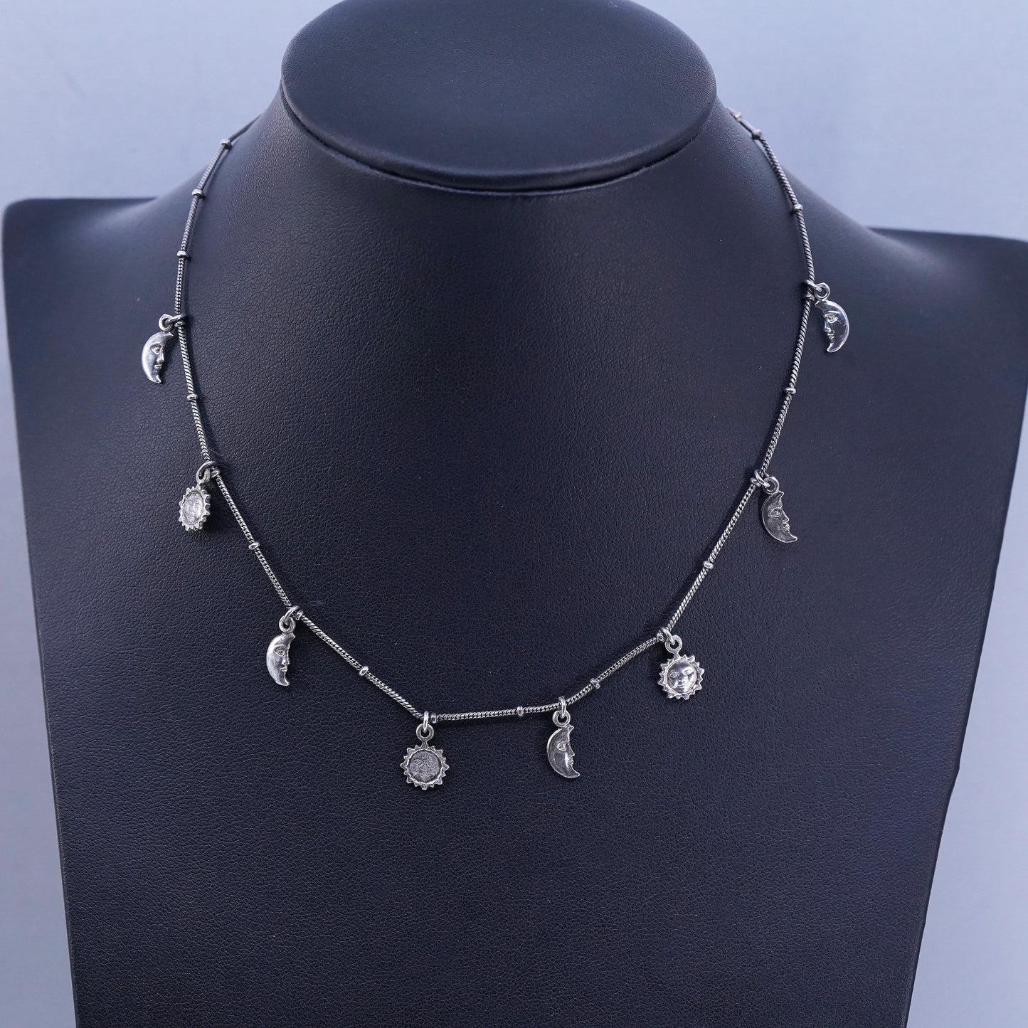 14”, Vintage Sterling 925 silver handmade choker necklace with sun moon charms