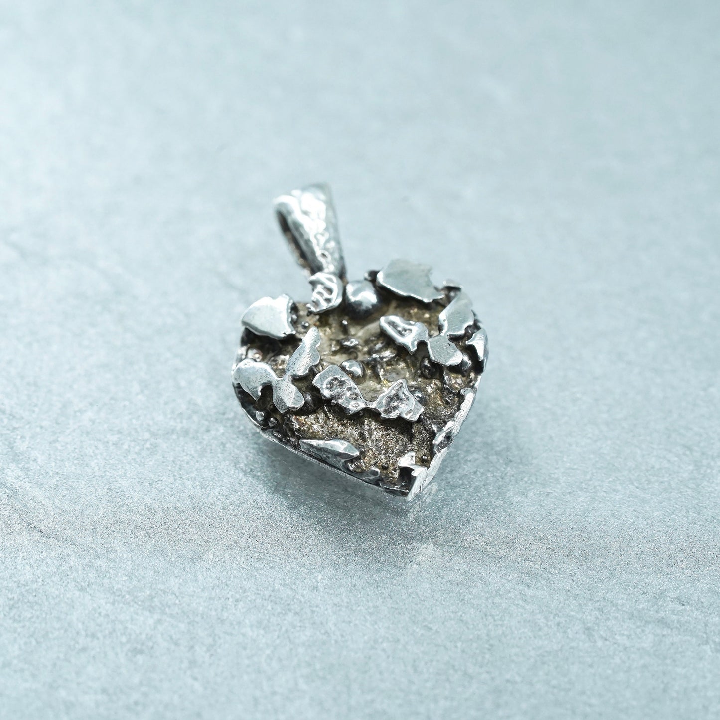 Vintage sterling 925 silver nugget textured heart charm pendant