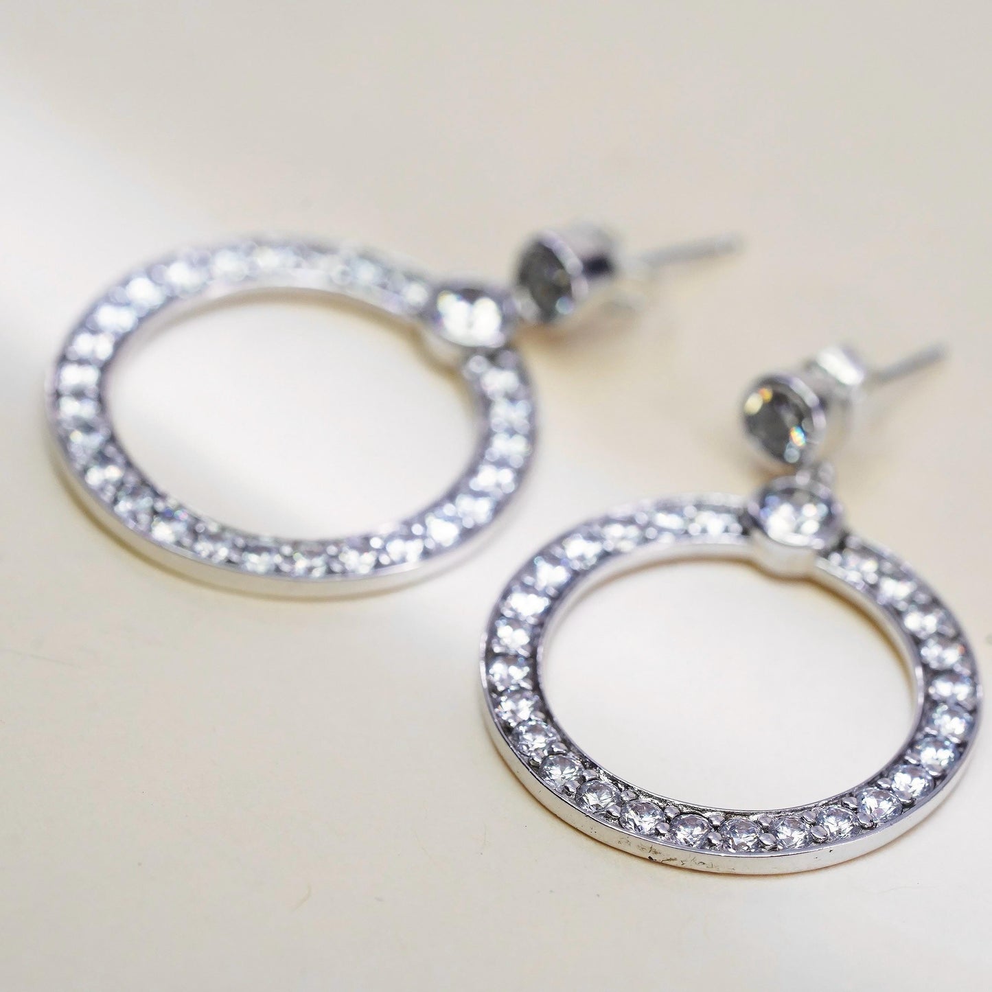 Vintage Sterling 925 silver handmade earrings, circle cluster Cz dangles