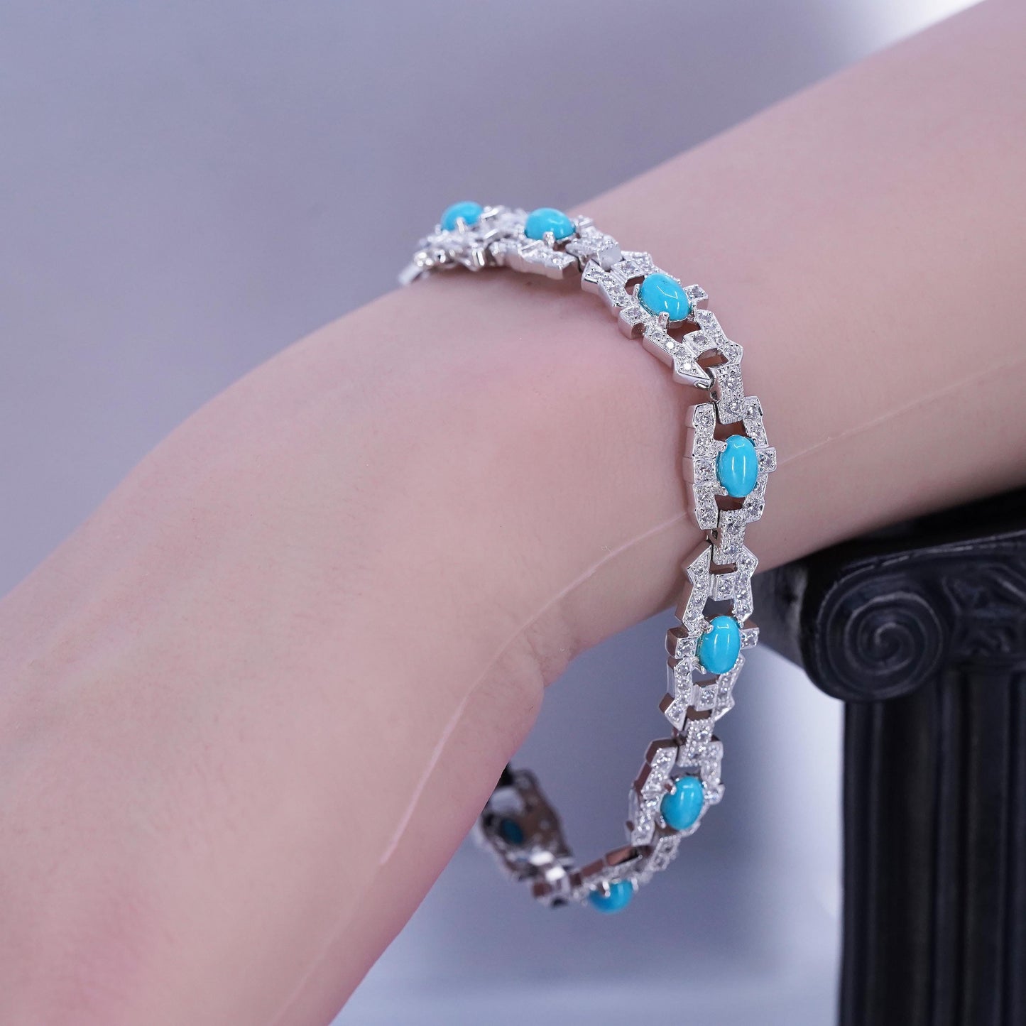 7.5”, Vintage Sterling 925 silver tennis bracelet chain w/ turquoise cluster cz