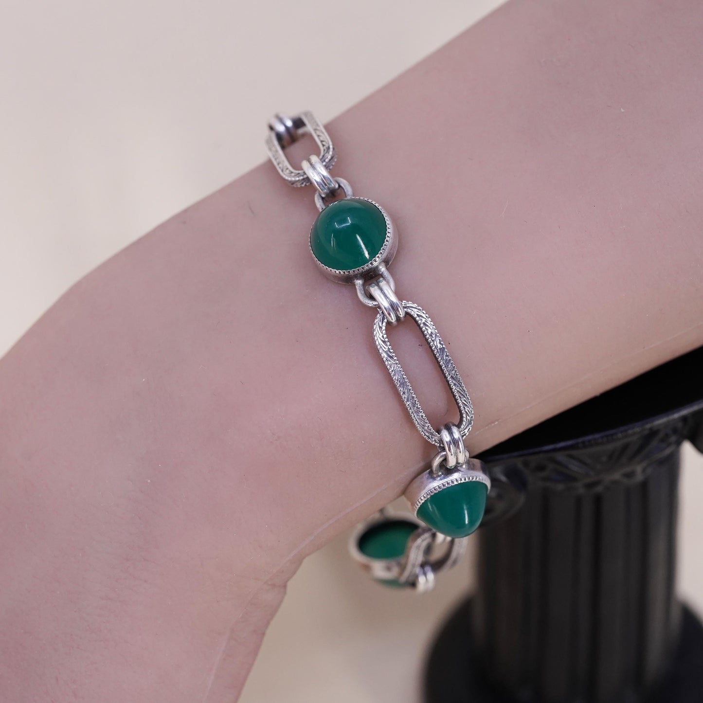 7.5”, vintage sterling 925 silver handmade textured long oval bracelet jade