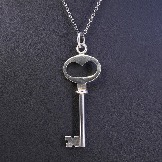 16”, vintage sterling silver handmade necklace, 925 circle chain key pendant