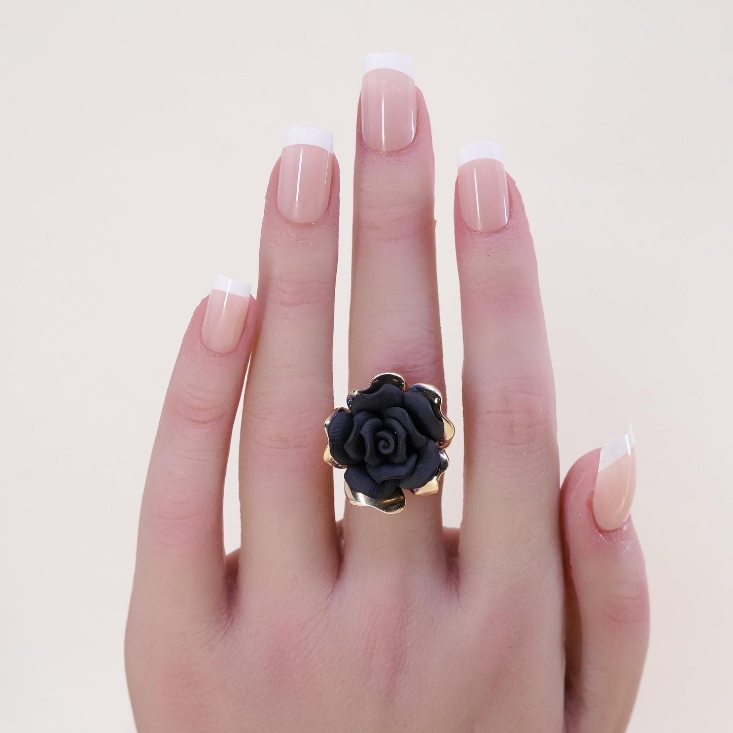 Size 6, Vermeil gold sterling silver ring, 925 silver ring black clay flower