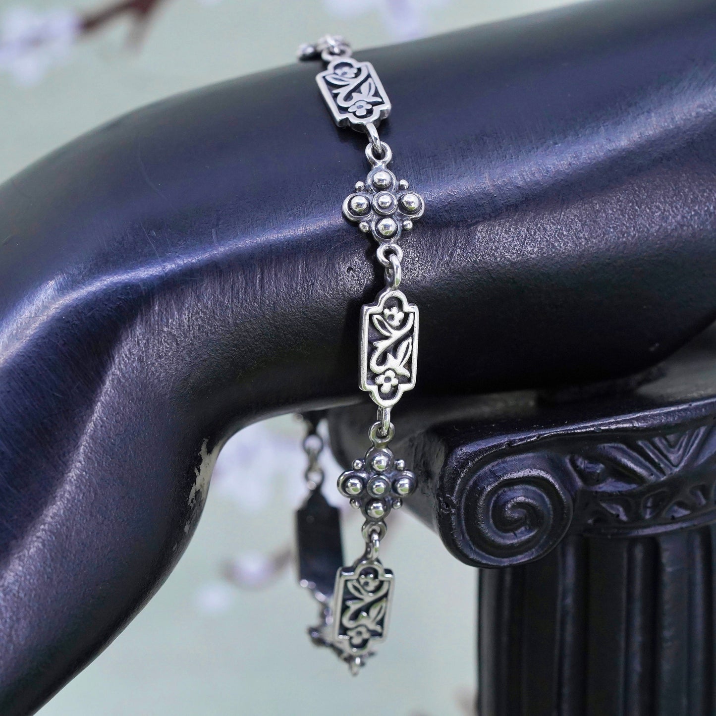 7", Vintage sterling silver bracelet, 925 flower beads chain, handmade jewelry