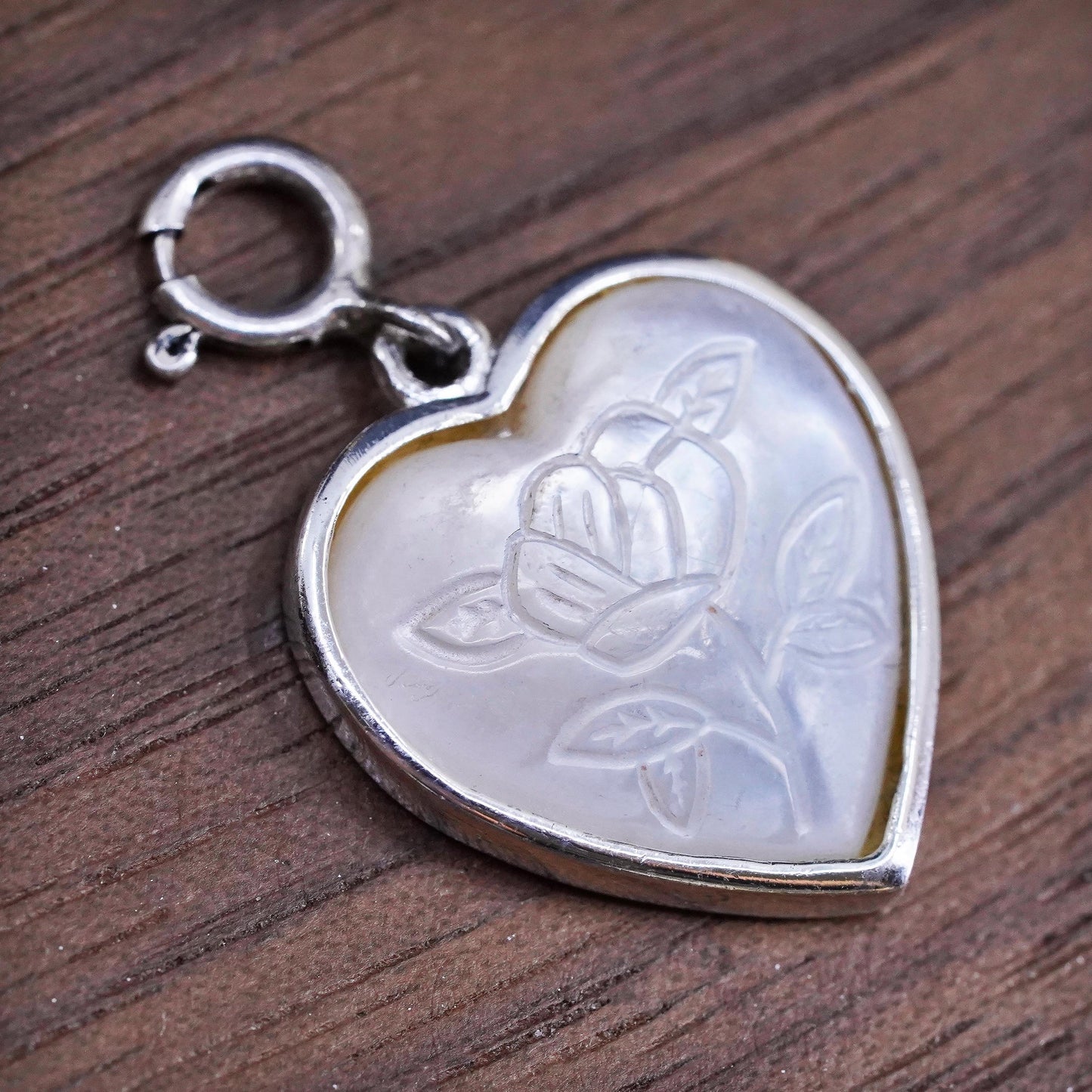 Sterling silver pendant, 925 heart pendant with carved flower mother of pearl