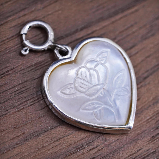 Sterling silver pendant, 925 heart pendant with carved flower mother of pearl