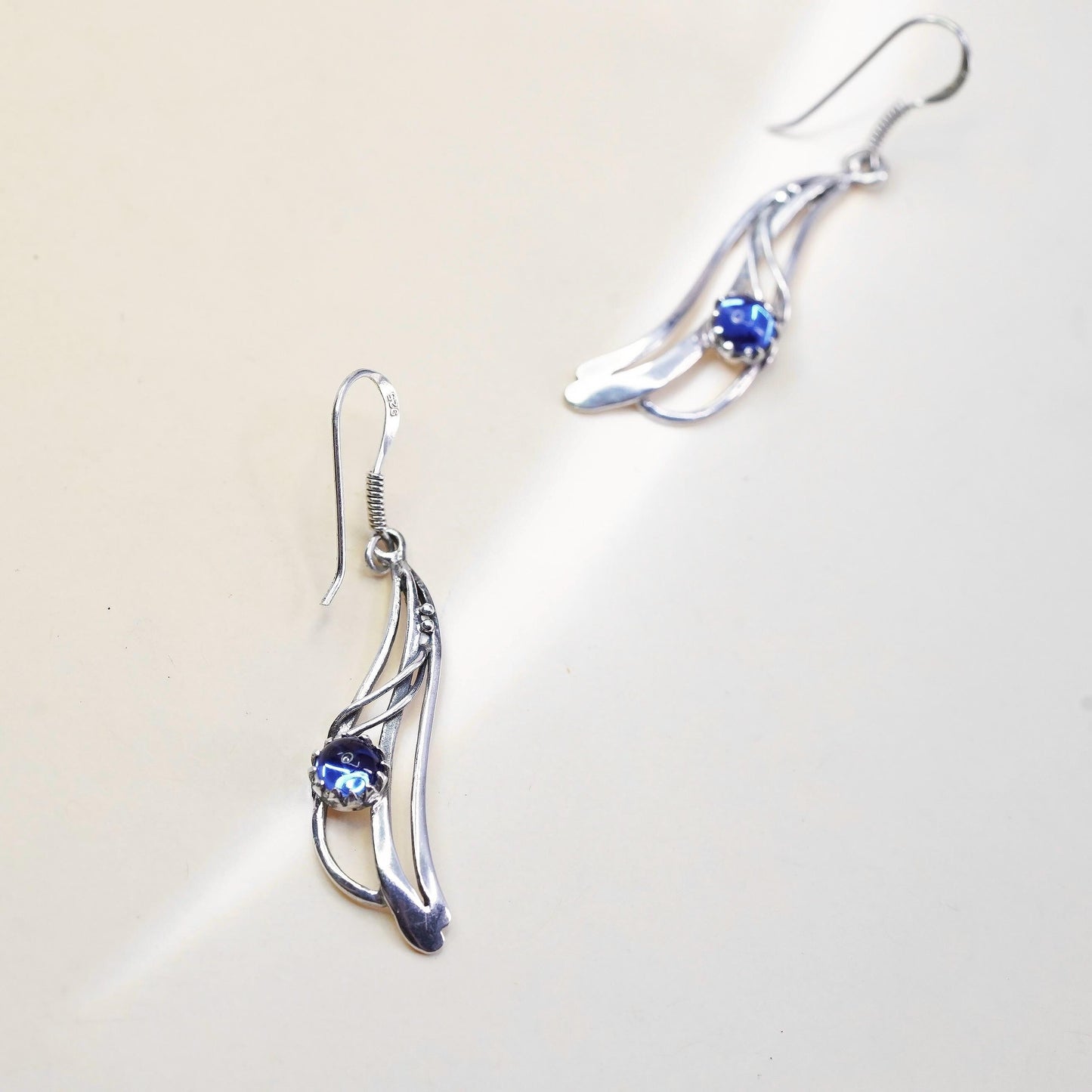 Vintage Sterling silver handmade earrings, 925 wavy drops with blue glass