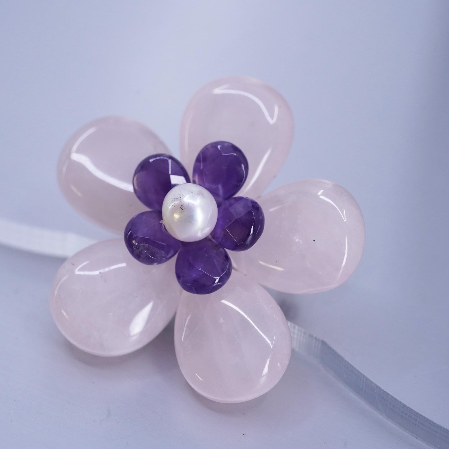 Vintage sterling silver brooch, 925 flower pin with amethyst pink rose quartz