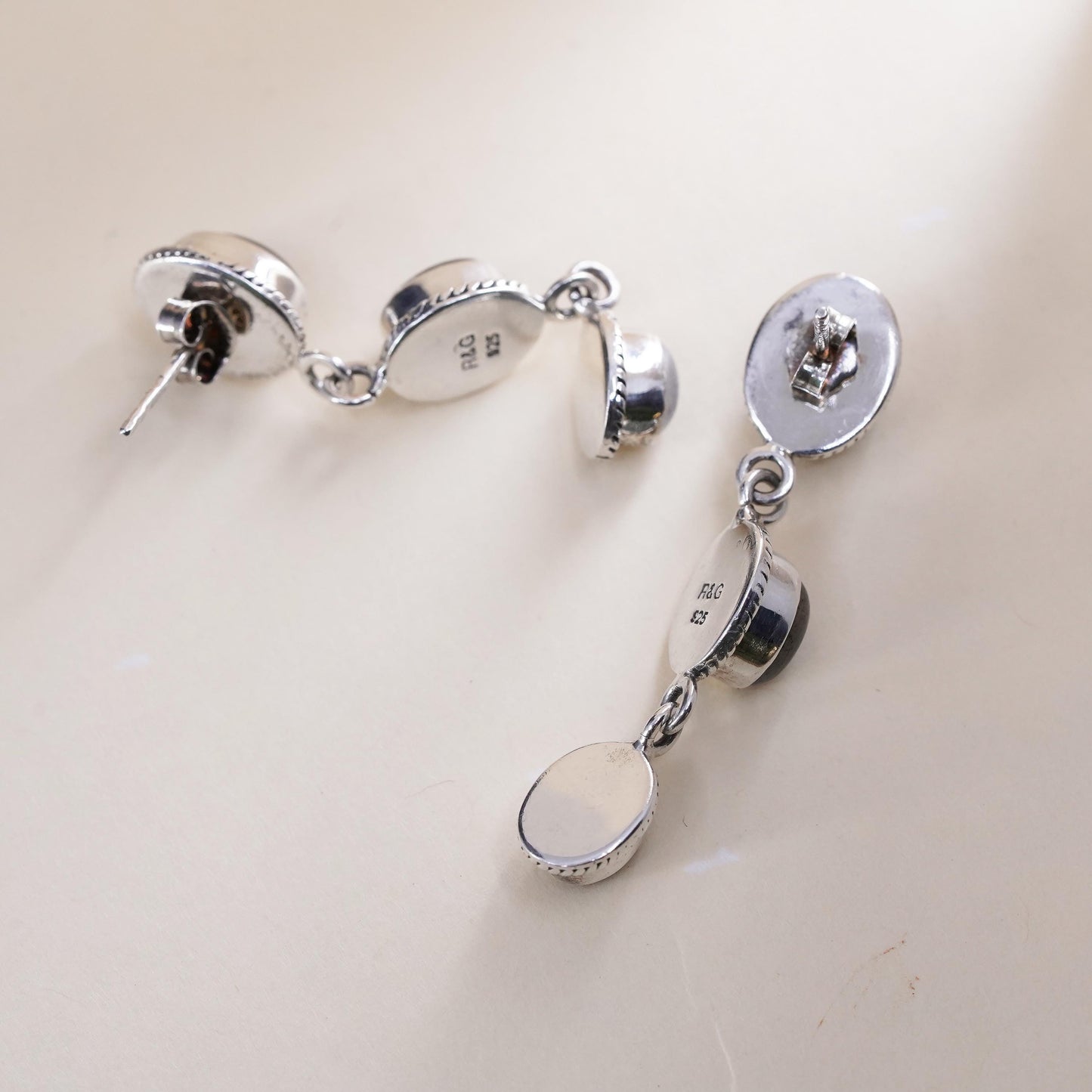 Vintage R&G Sterling 925 silver handmade earrings with moonstone