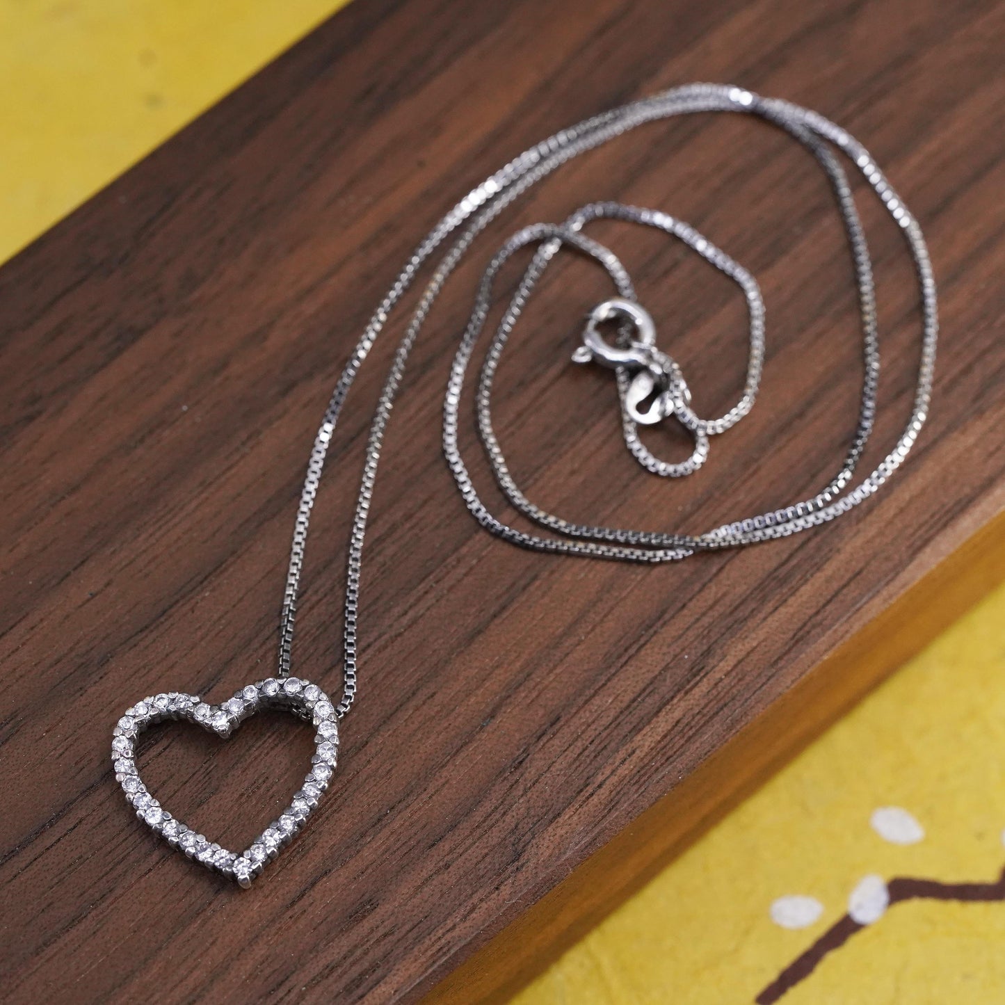 18", Sterling silver necklace, Italy 925 box chain cluster cz heart pendant