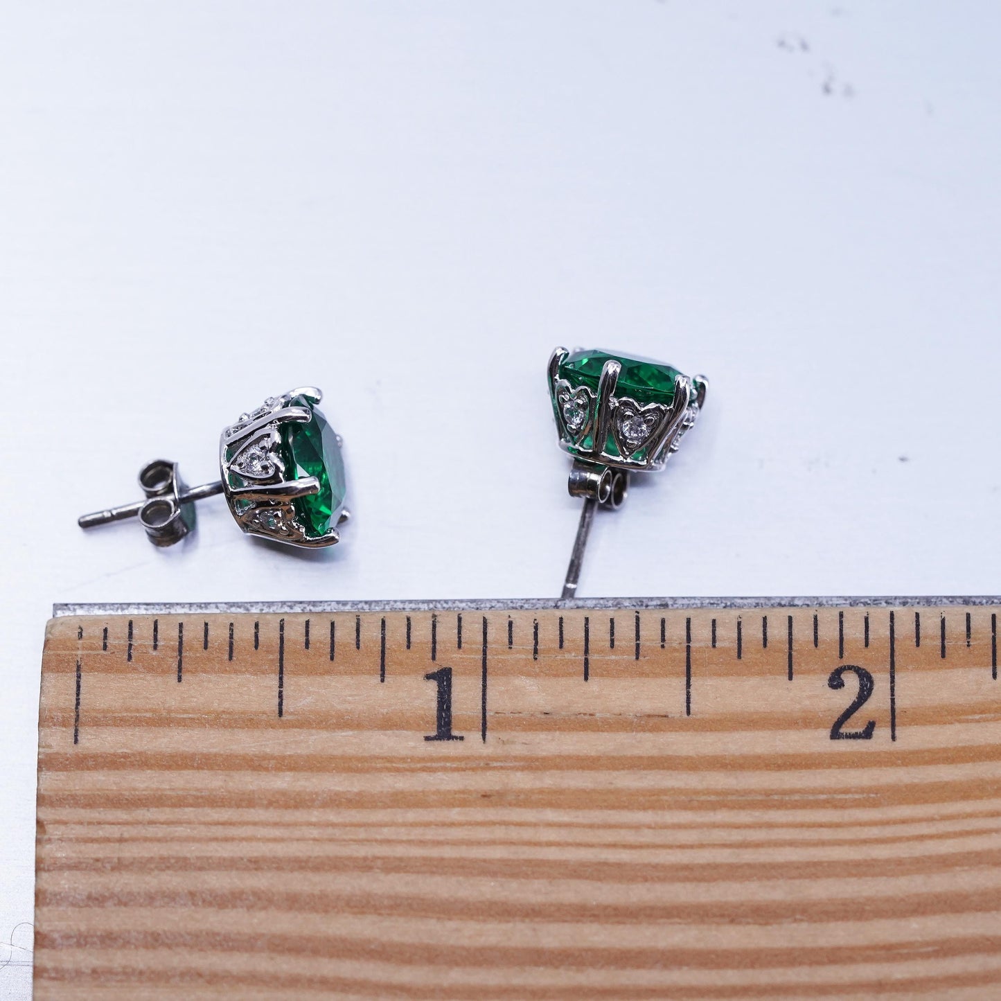 Vintage Sterling 925 silver handmade earrings, studs w/ emerald cz on the side