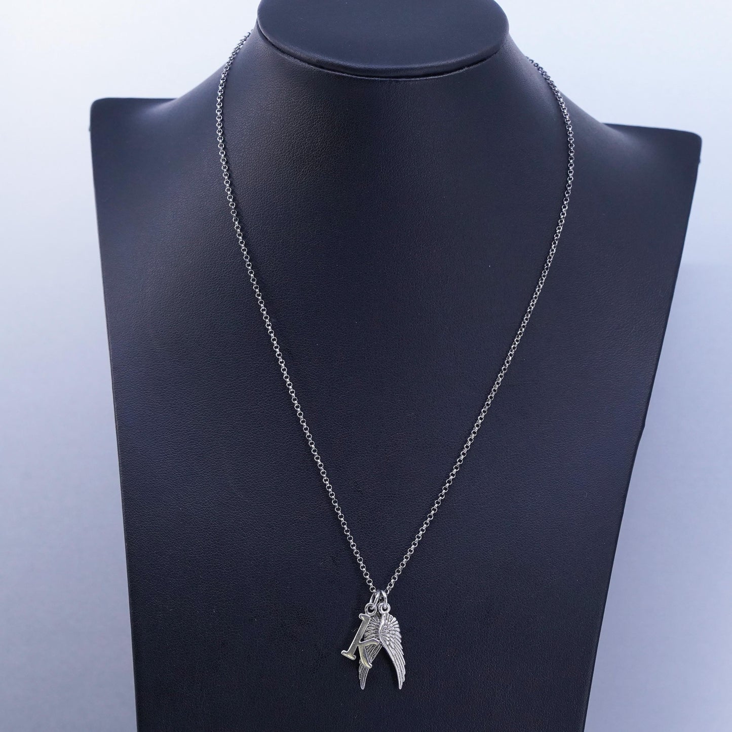16+2”, vintage Sterling 925 silver circle chain necklace letter K wings pendant