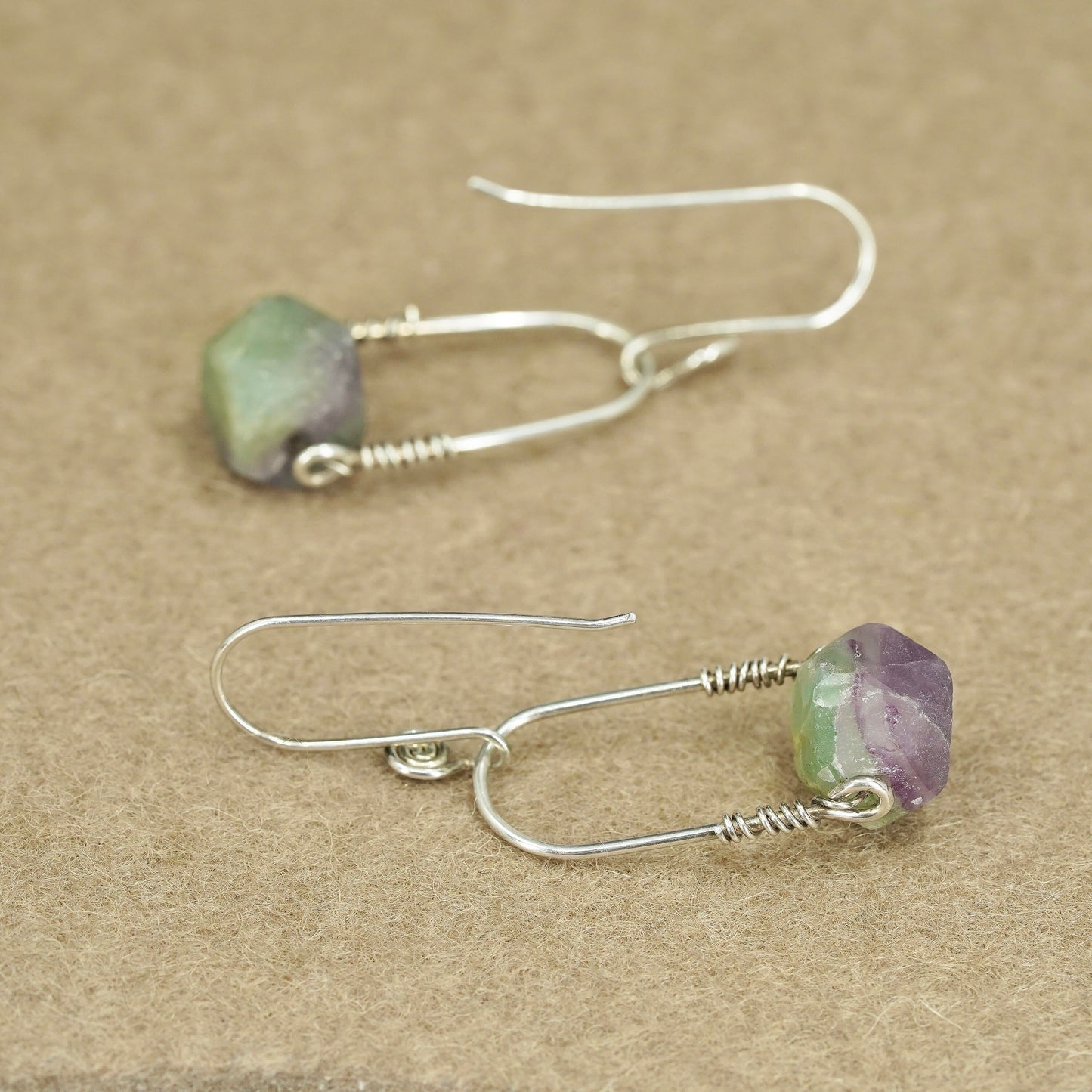 Vintage Sterling 925 silver handmade earrings with fluorite nugget