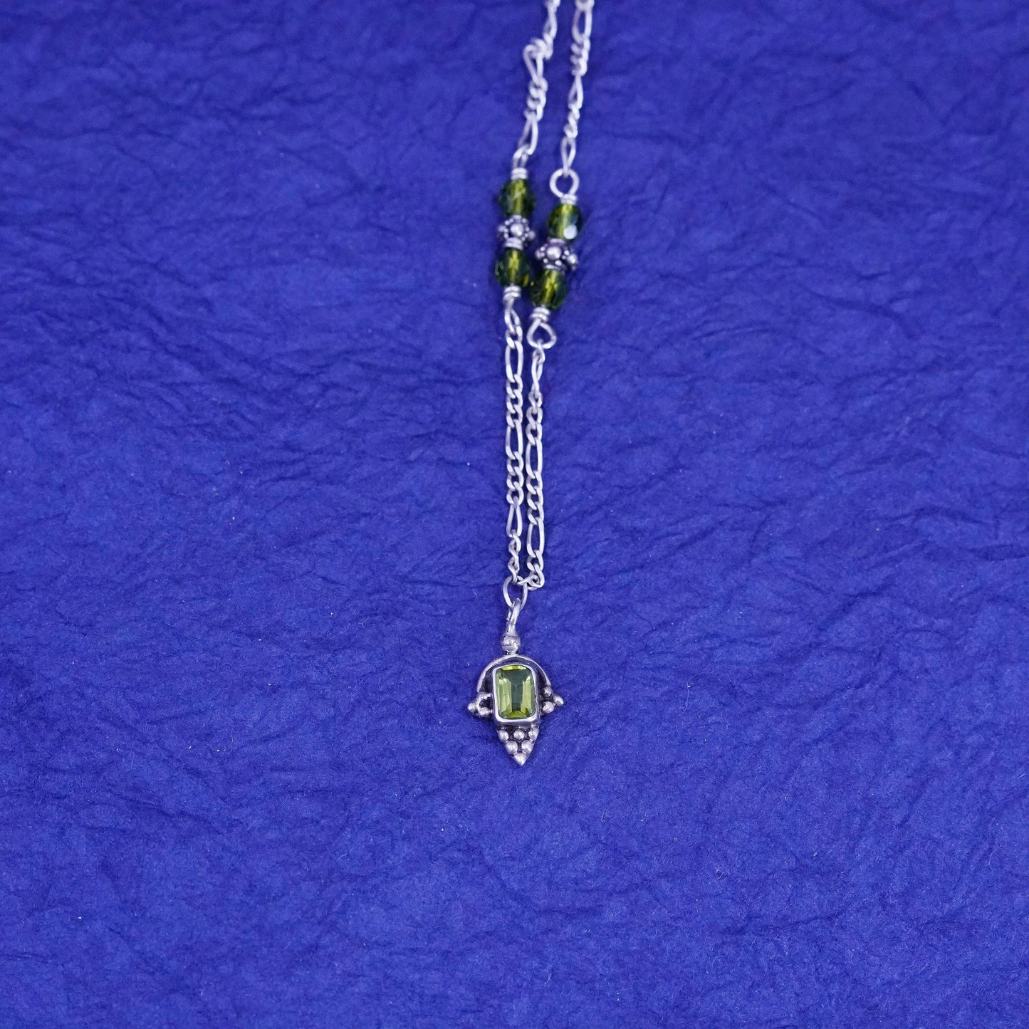 15”, vintage Sterling silver handmade necklace, 925 figaro chain with peridot