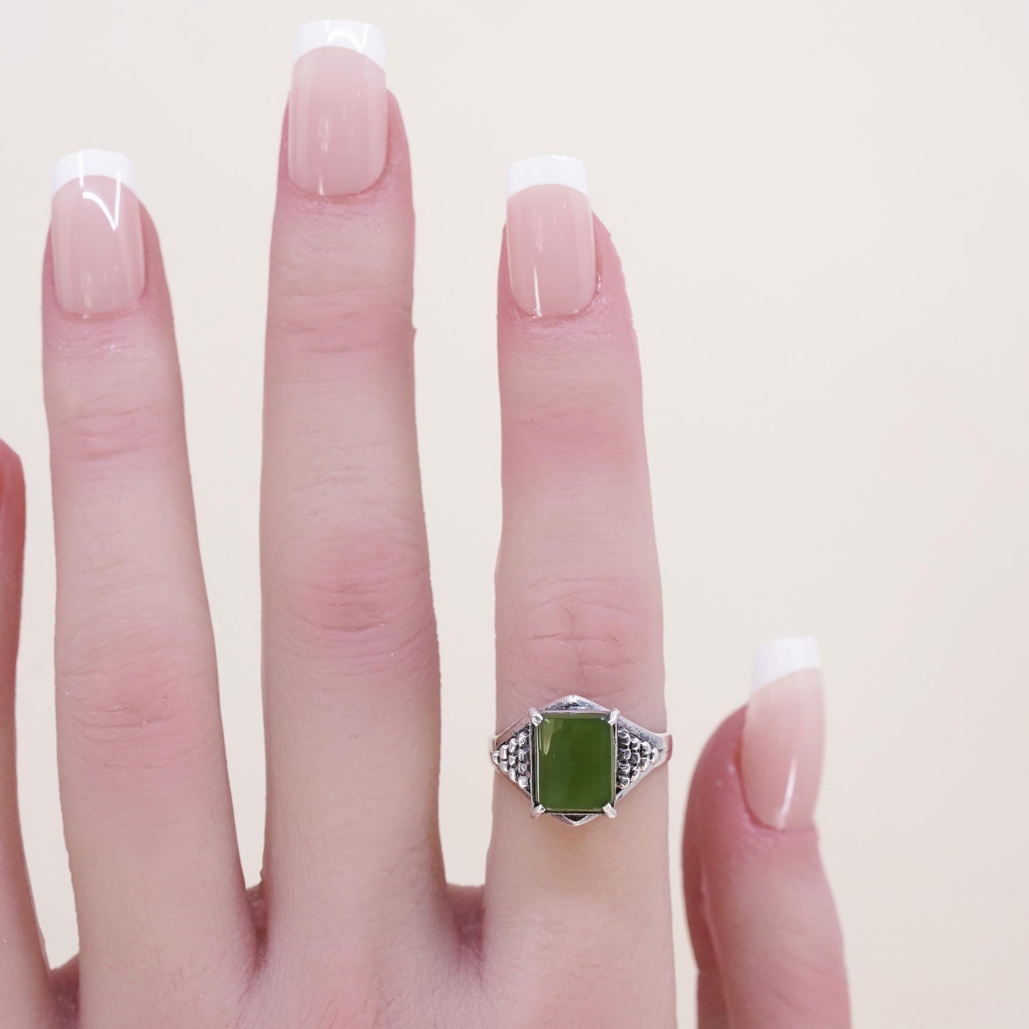 Size 6, Vintage handmade sterling silver statement ring with jade and beads
