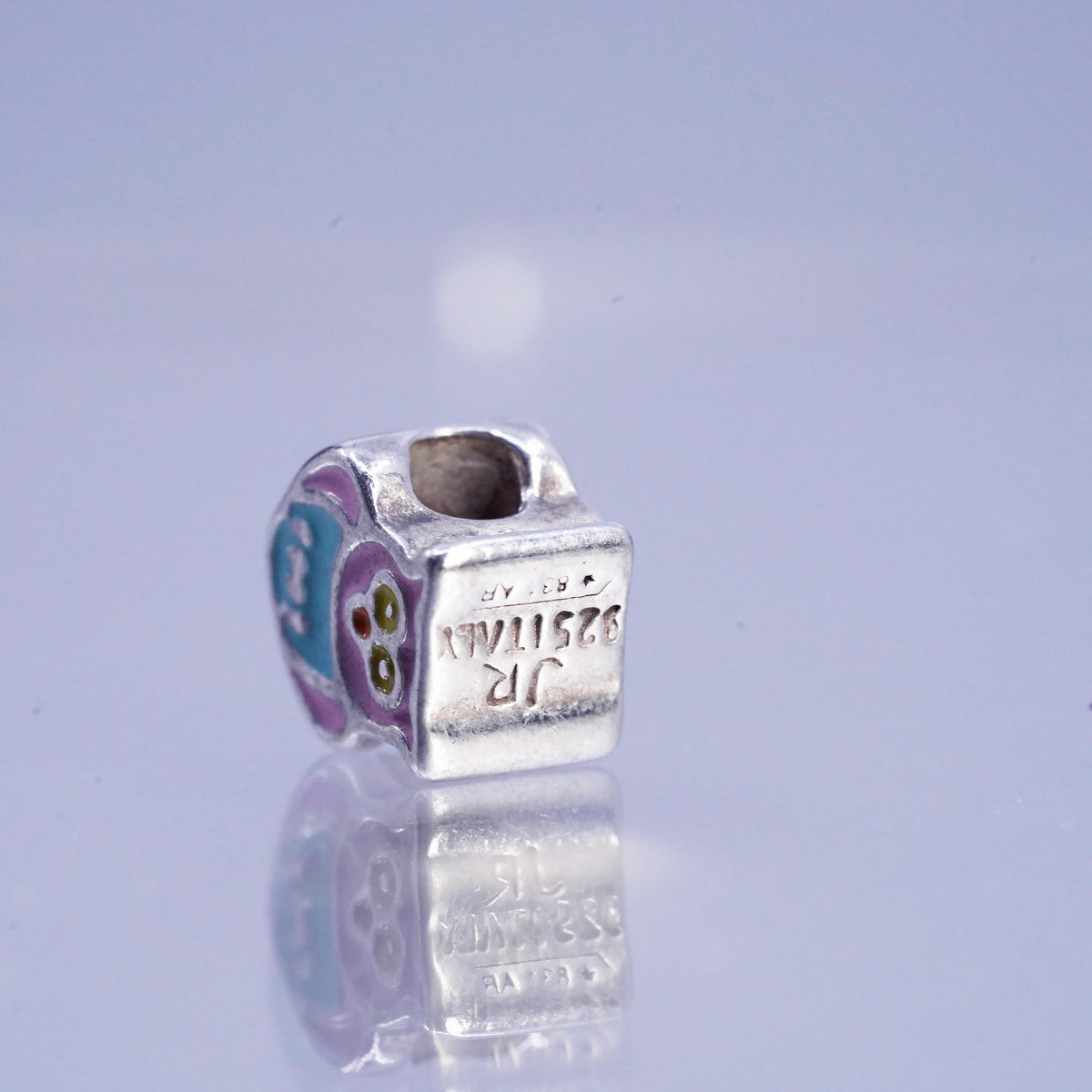 Vintage Italian Sterling silver handmade charm, 925 enamel owl bead