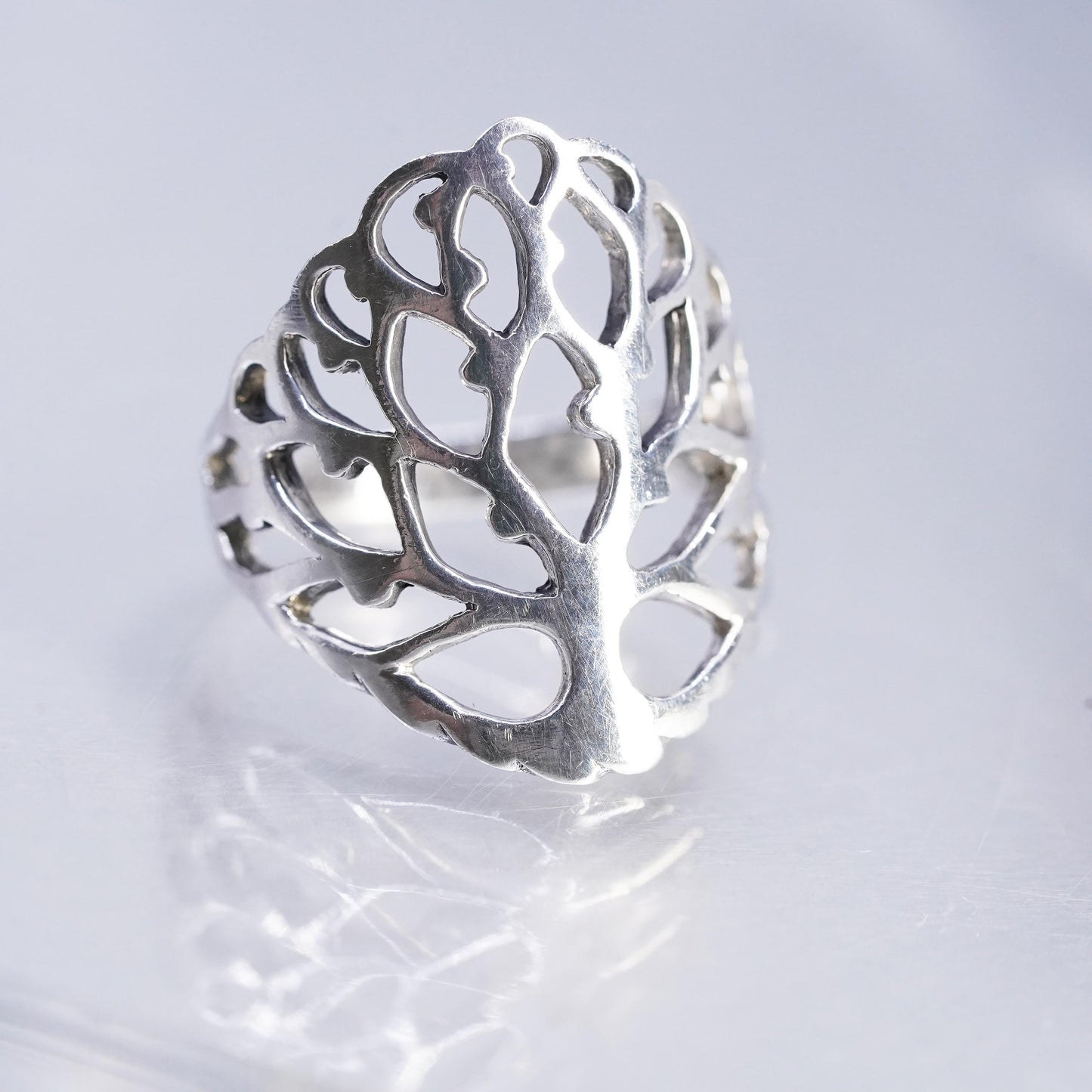 Size 8, Vintage Sterling 925 silver handmade filigree family tree ring