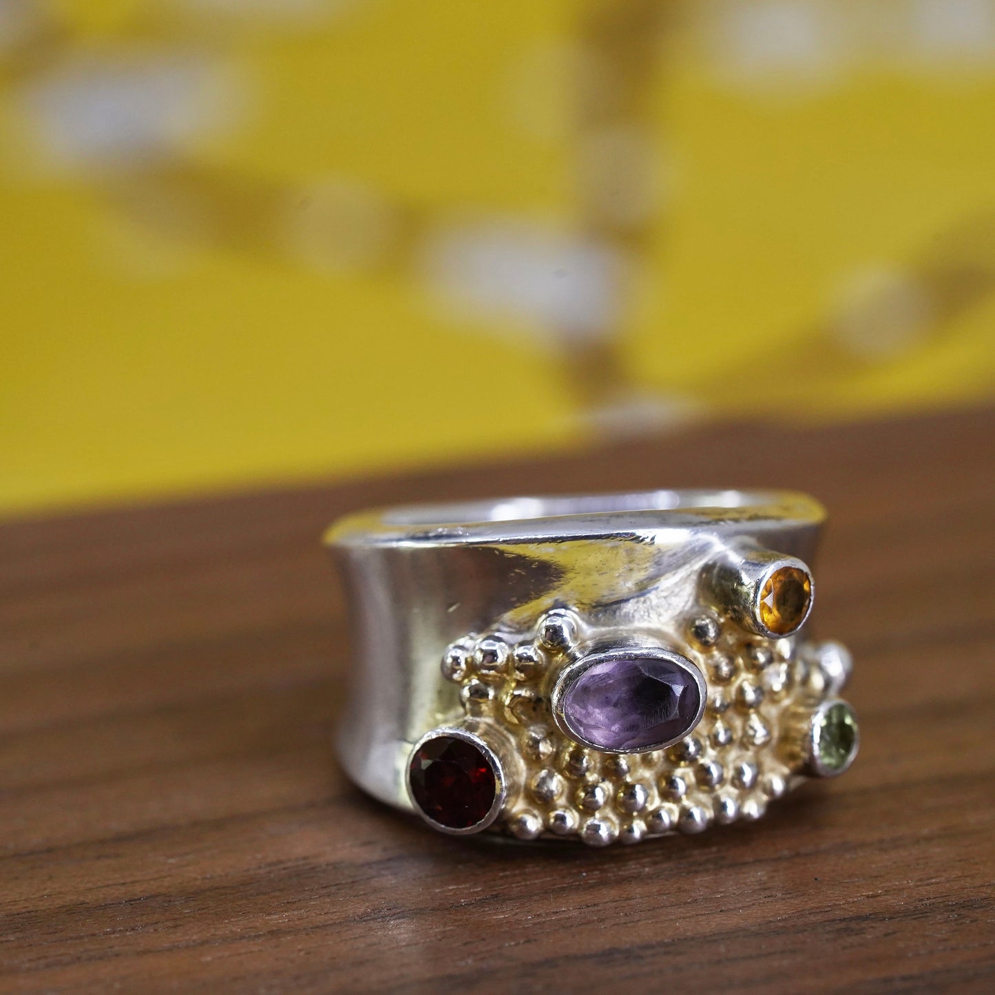 Size 8.25, Sterling 925 silver ring with ruby, peridot, amethyst and citrine
