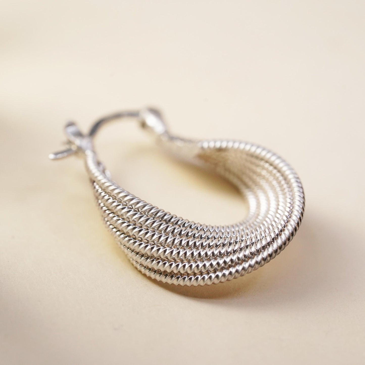 1", Vintage sterling silver loop single earring, ribbed primitive twisted hoop