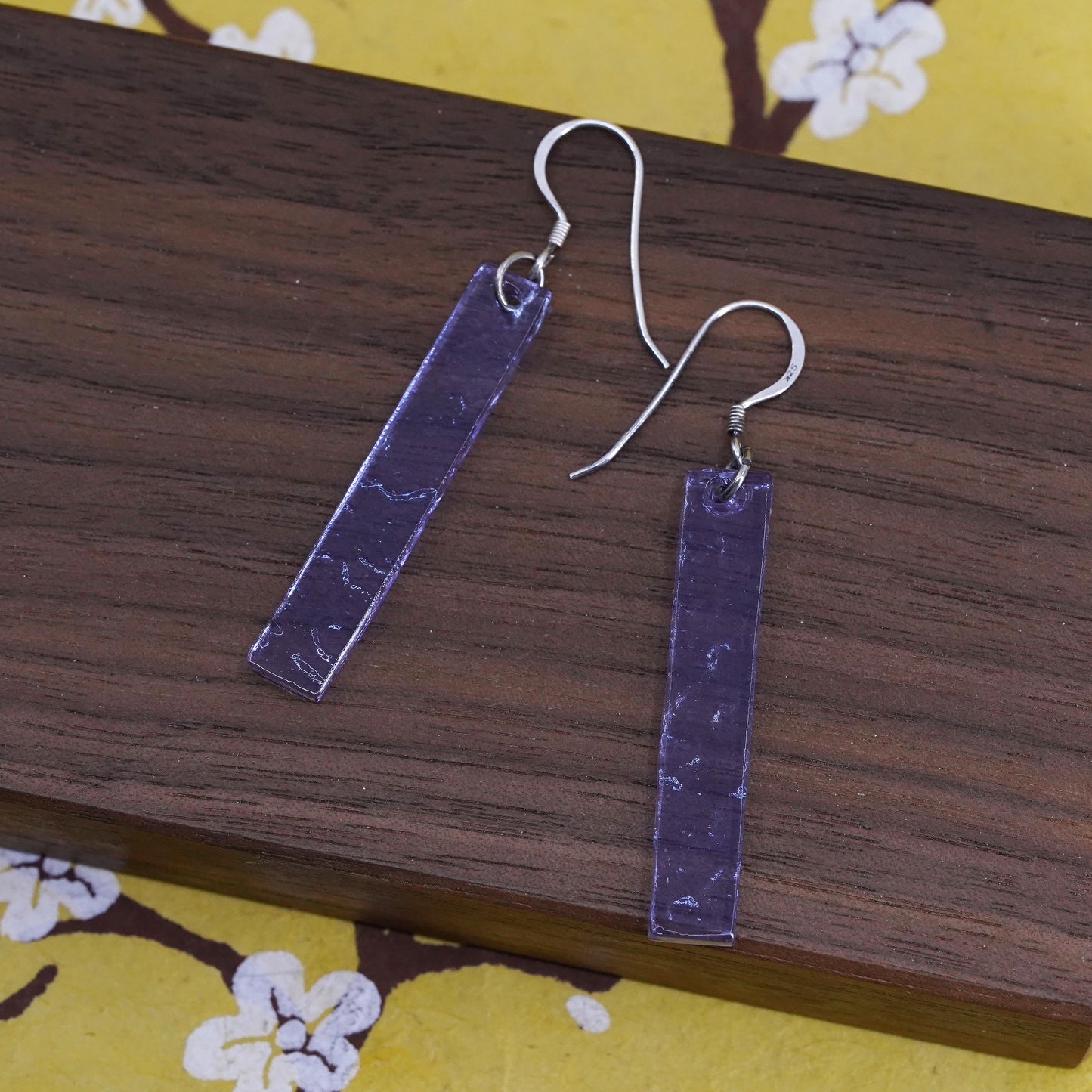 Vintage sterling 925 silver handmade earrings with purple glass dangles
