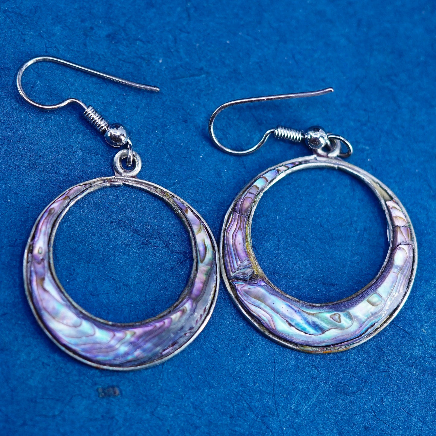 Vintage Mexico sterling silver 925 handmade circle hoop earrings abalone Inlay