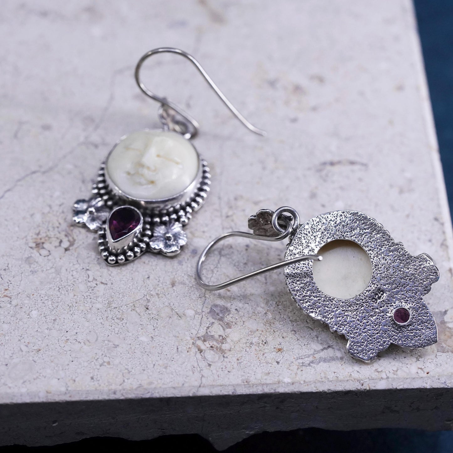 sterling silver 925 floral earrings with carved moonface and teardrop ruby