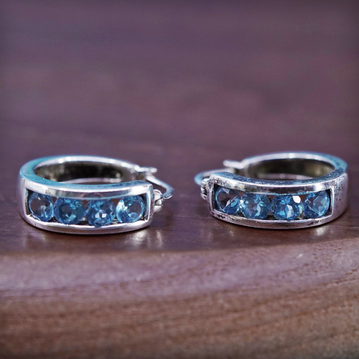 0.75”, vintage Sterling silver huggie earrings, 925 hoops with blue cz