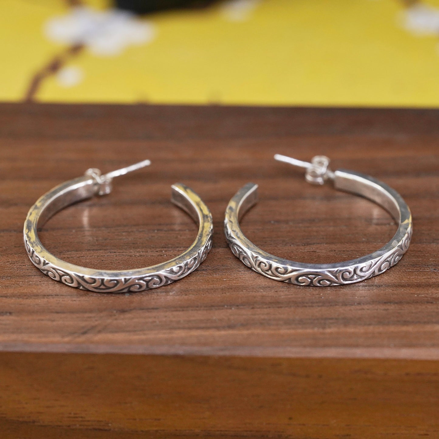 1.25", vintage Sterling silver handmade earrings, 925 textured hoops