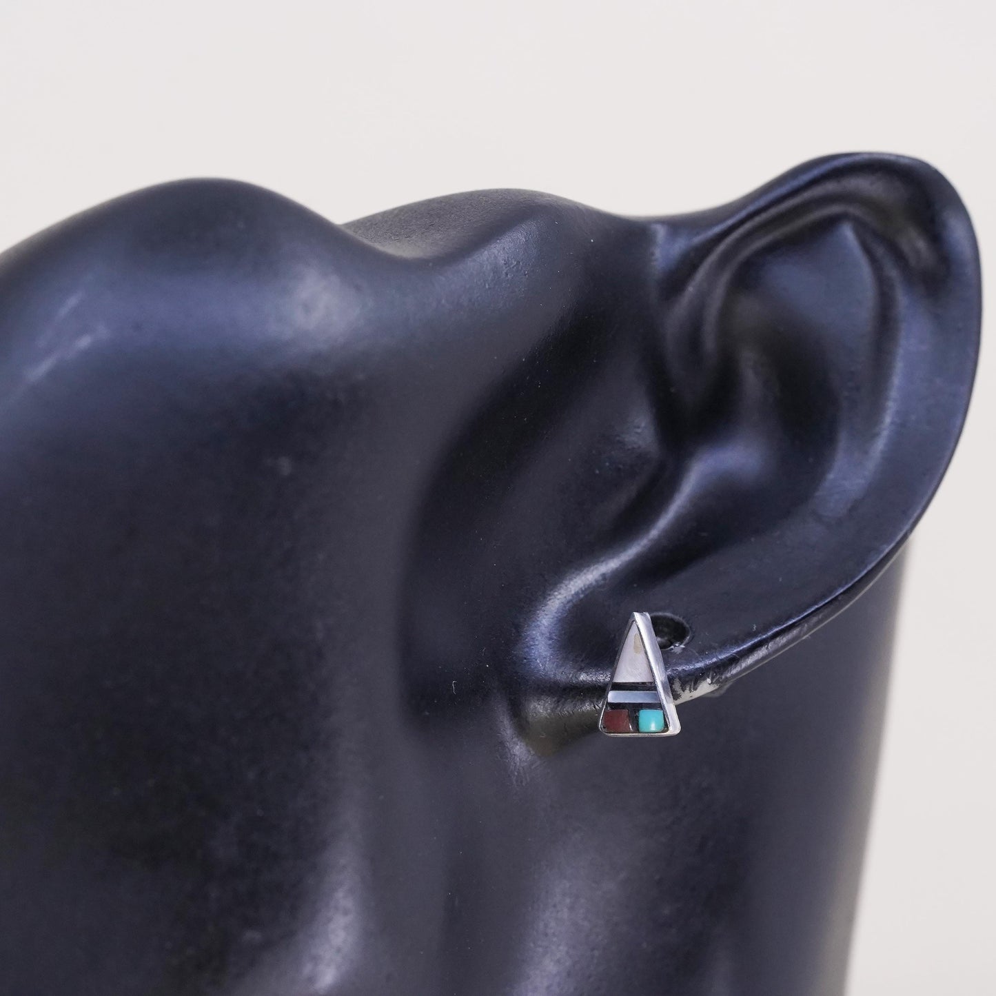 Native American single earring. Sterling 925 silver triangular stud turquoise