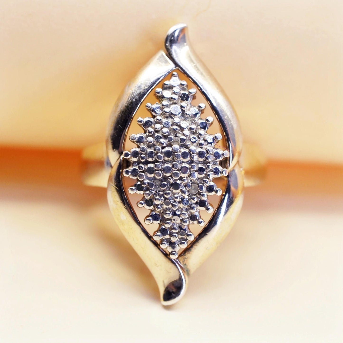 Size 7, Vermeil gold over sterling 925 silver statement ring with diamond
