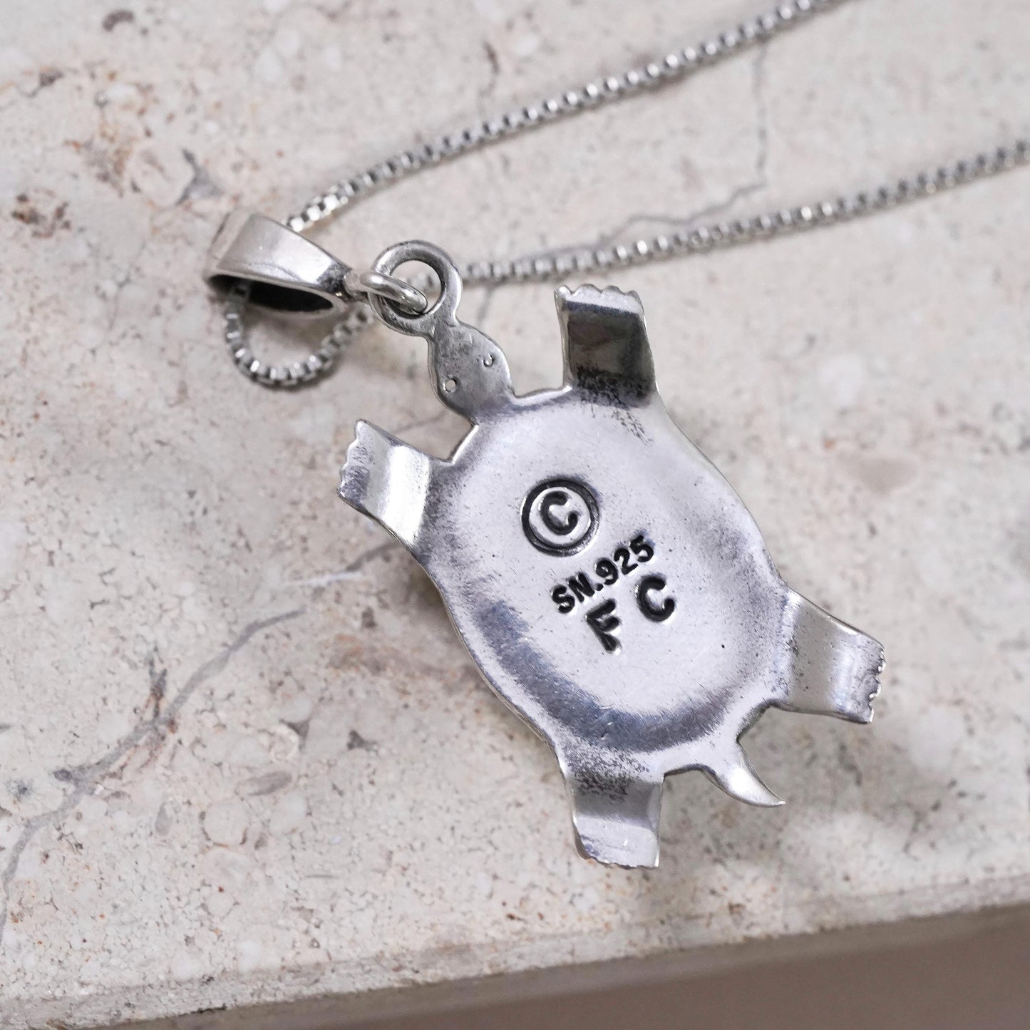 16” Native American Frederick Chavez Sterling 925 silver box necklace turtle