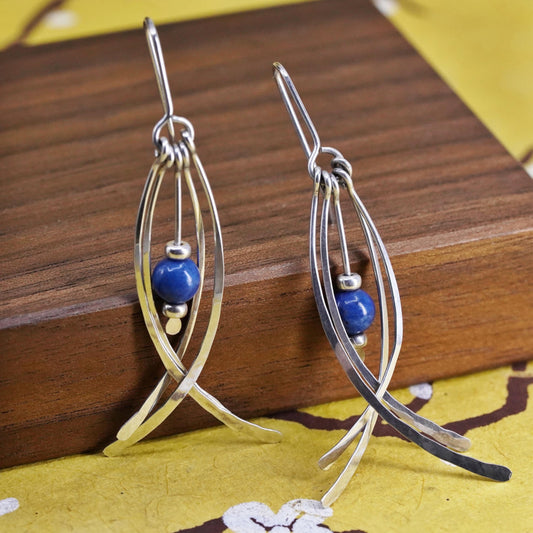 Vinatge Sterling 925 Silver Handmade fridge Earrings with lapis lazuli bead