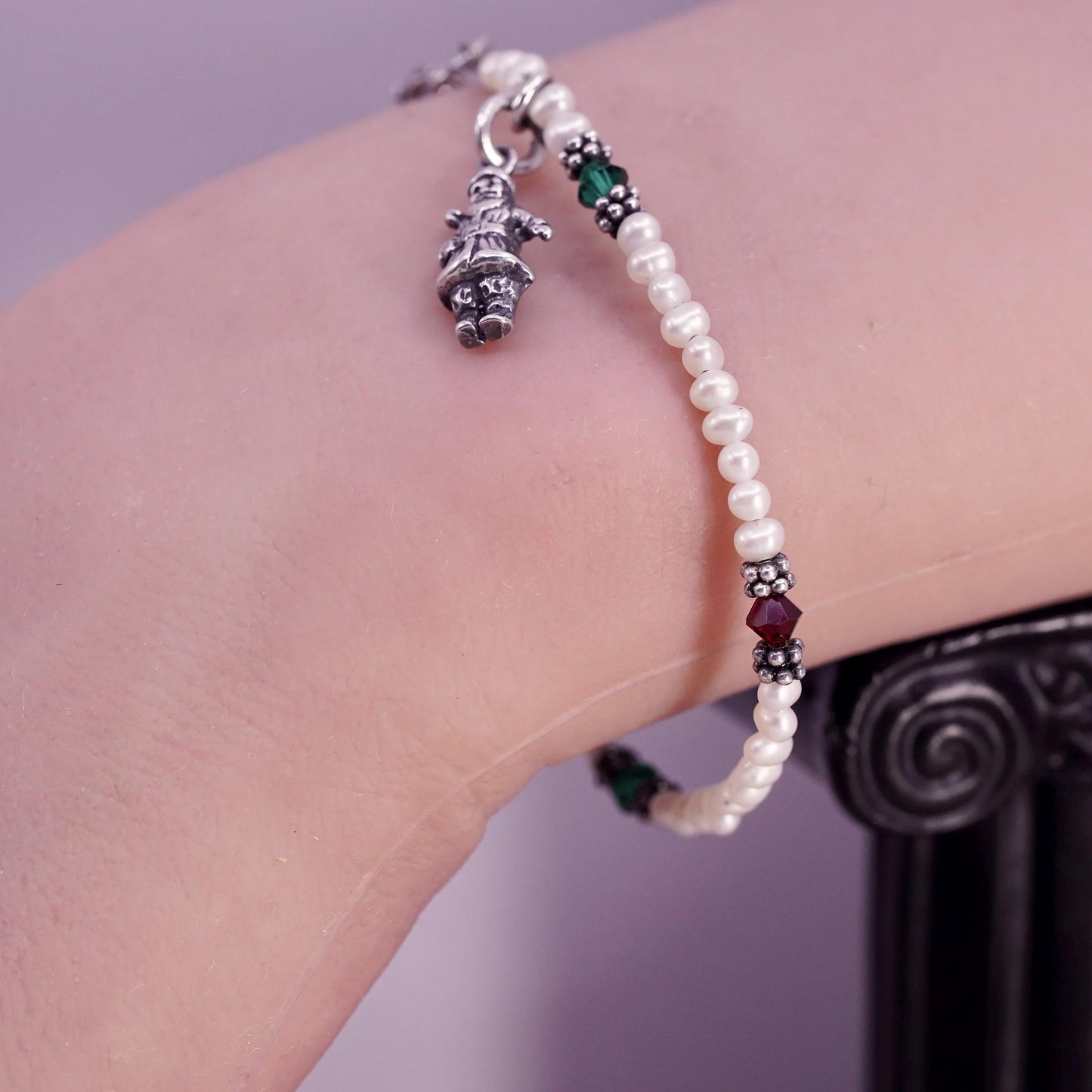 6.25”, vintage Sterling 925 silver bracelet with pearl beads and Santa charm