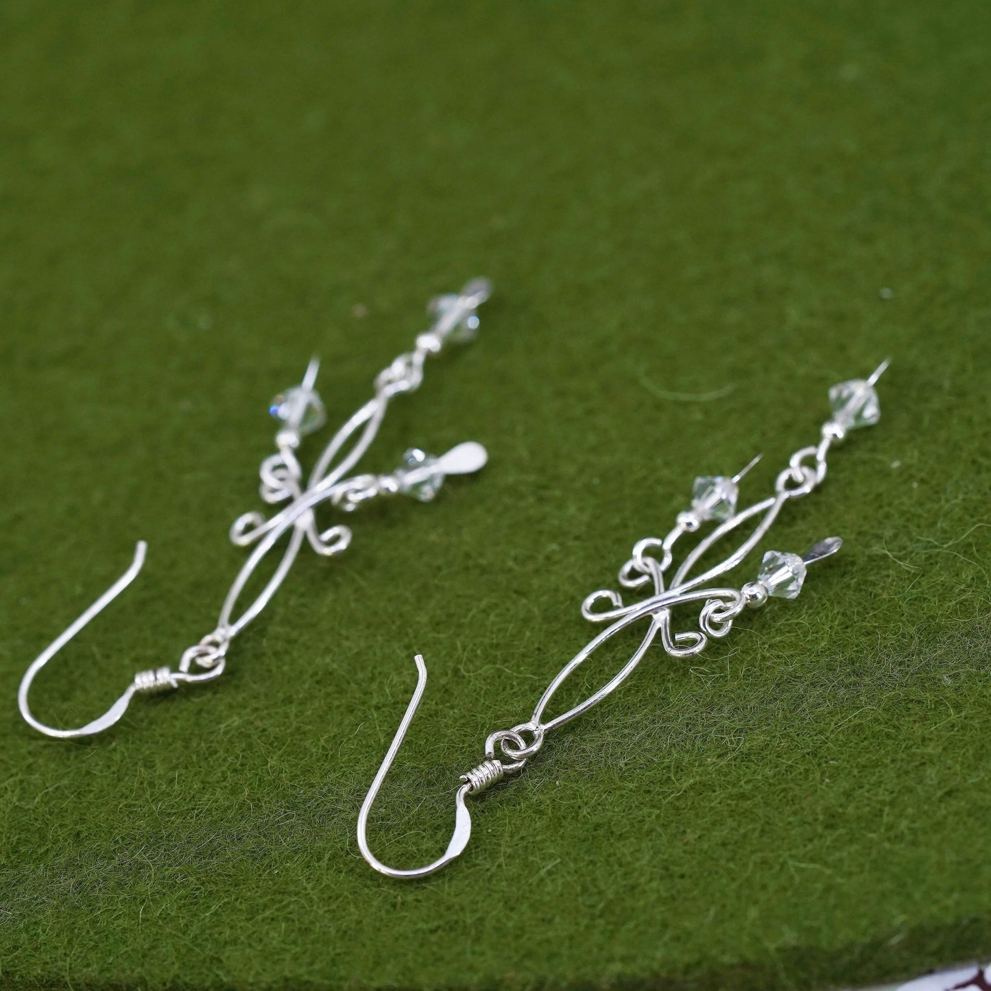 Vintage sterling silver handmade wired floral dangles and crystal, 925 earrings