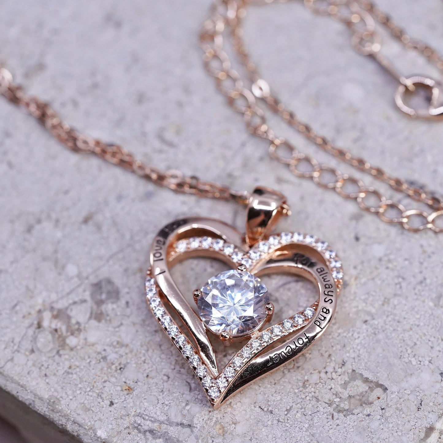 15+3”, gold sterling silver 925 circle necklace cz heart pendant, I love you