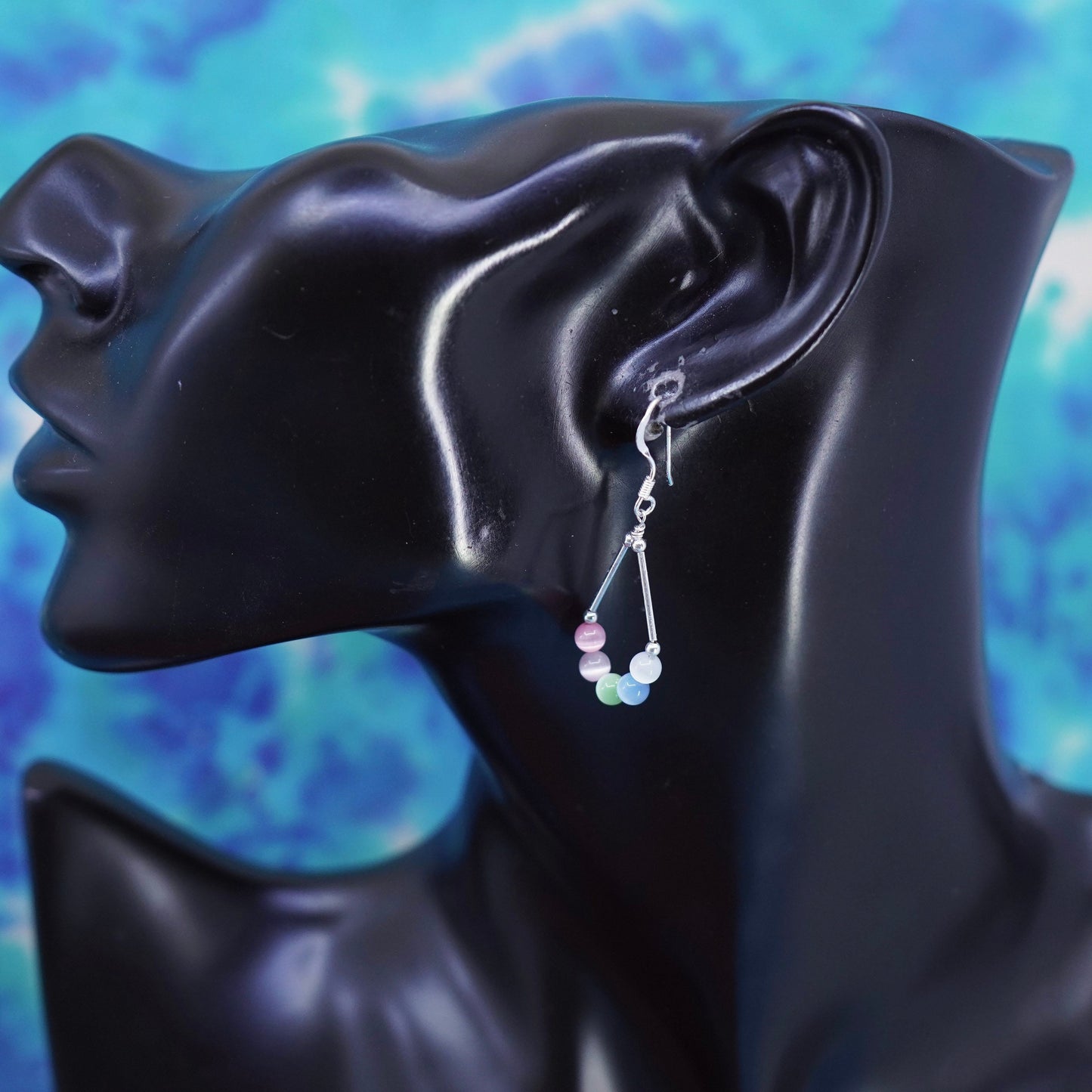 Vintage Sterling 925 silver handmade teardrop earrings with cat’s eye beads